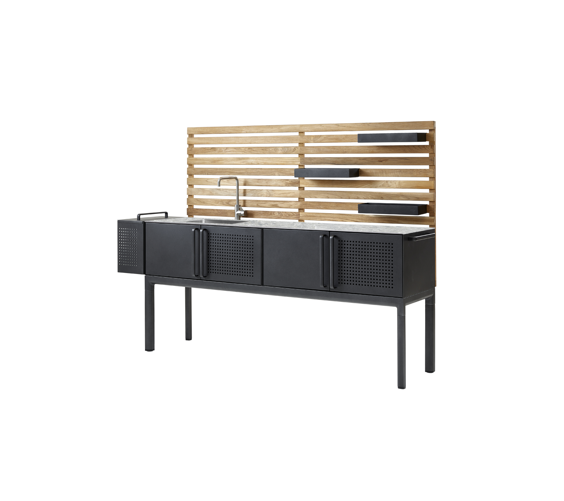 Una unidad de cocina moderna con una base de metal elegante, múltiples armarios de almacenamiento y un fondo de madera con estanterías. Ideal para espacios organizados.