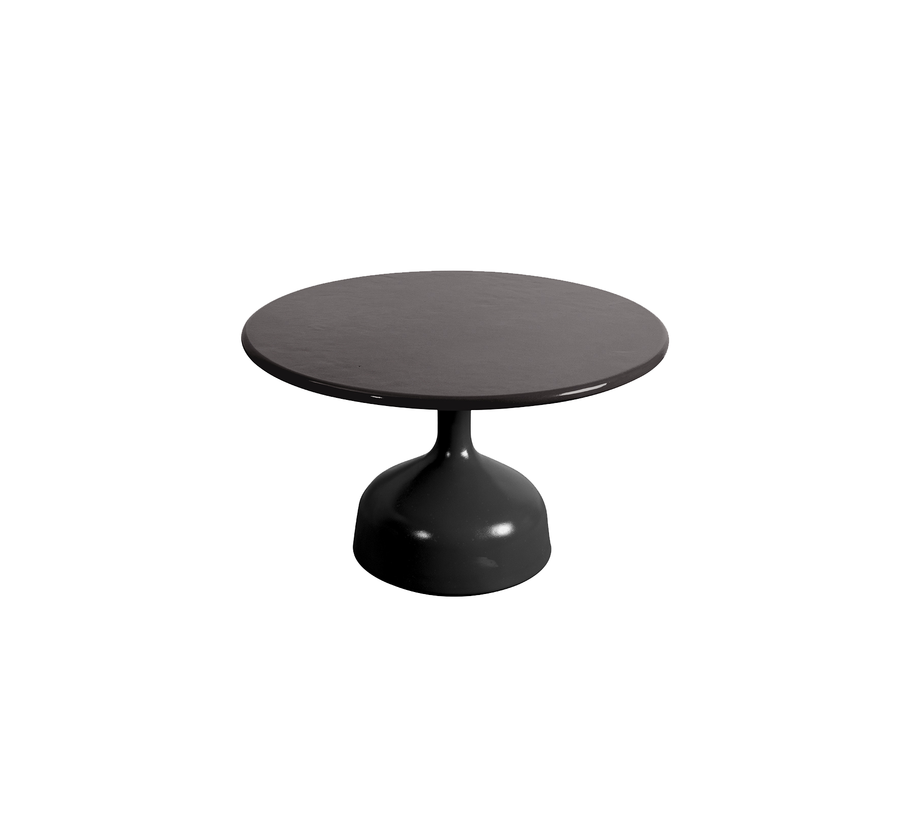 Mesa negra redonda con una superficie lisa y una base de pedestal, diseñada para una estética moderna y un uso versátil.