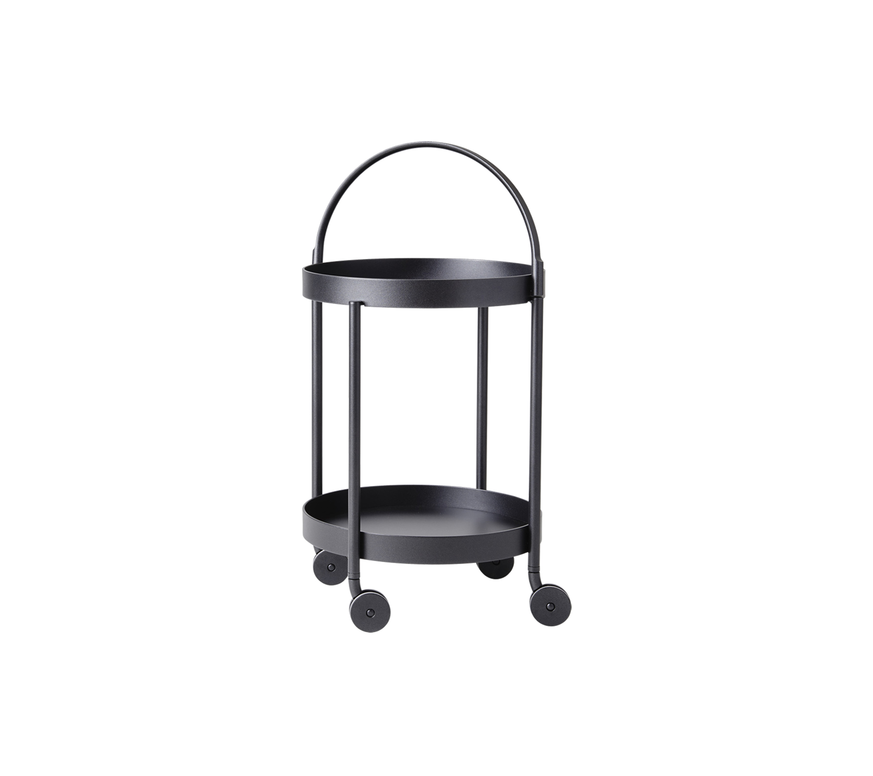 Carro de servicio negro de dos niveles con ruedas, con un mango curvado y un diseño minimalista, ideal para almacenamiento y exhibición versátil.