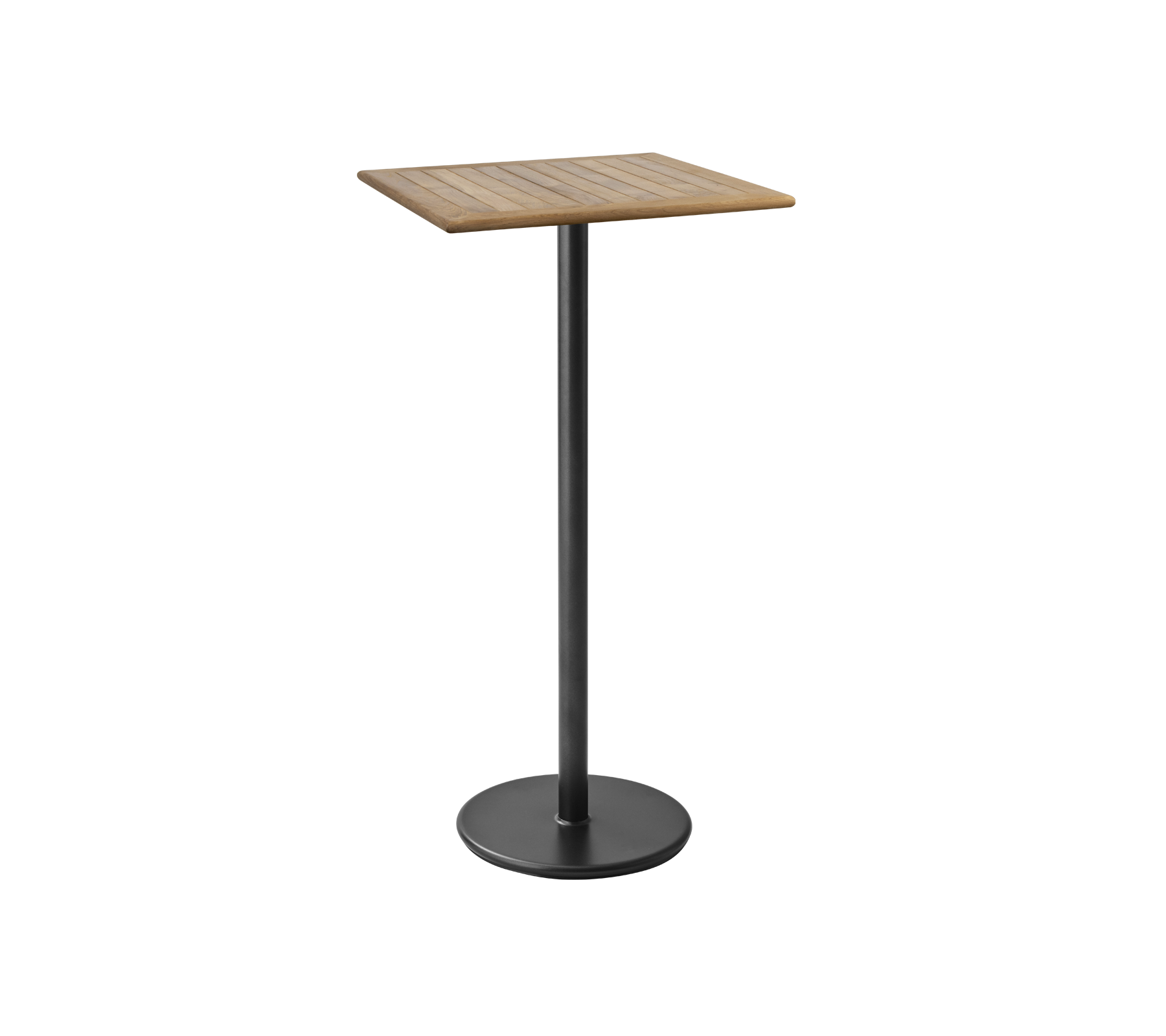 Una mesa elegante y moderna con una cima cuadrada de madera y una base de metal negro resistente, perfecta para comidas informales o bebidas.