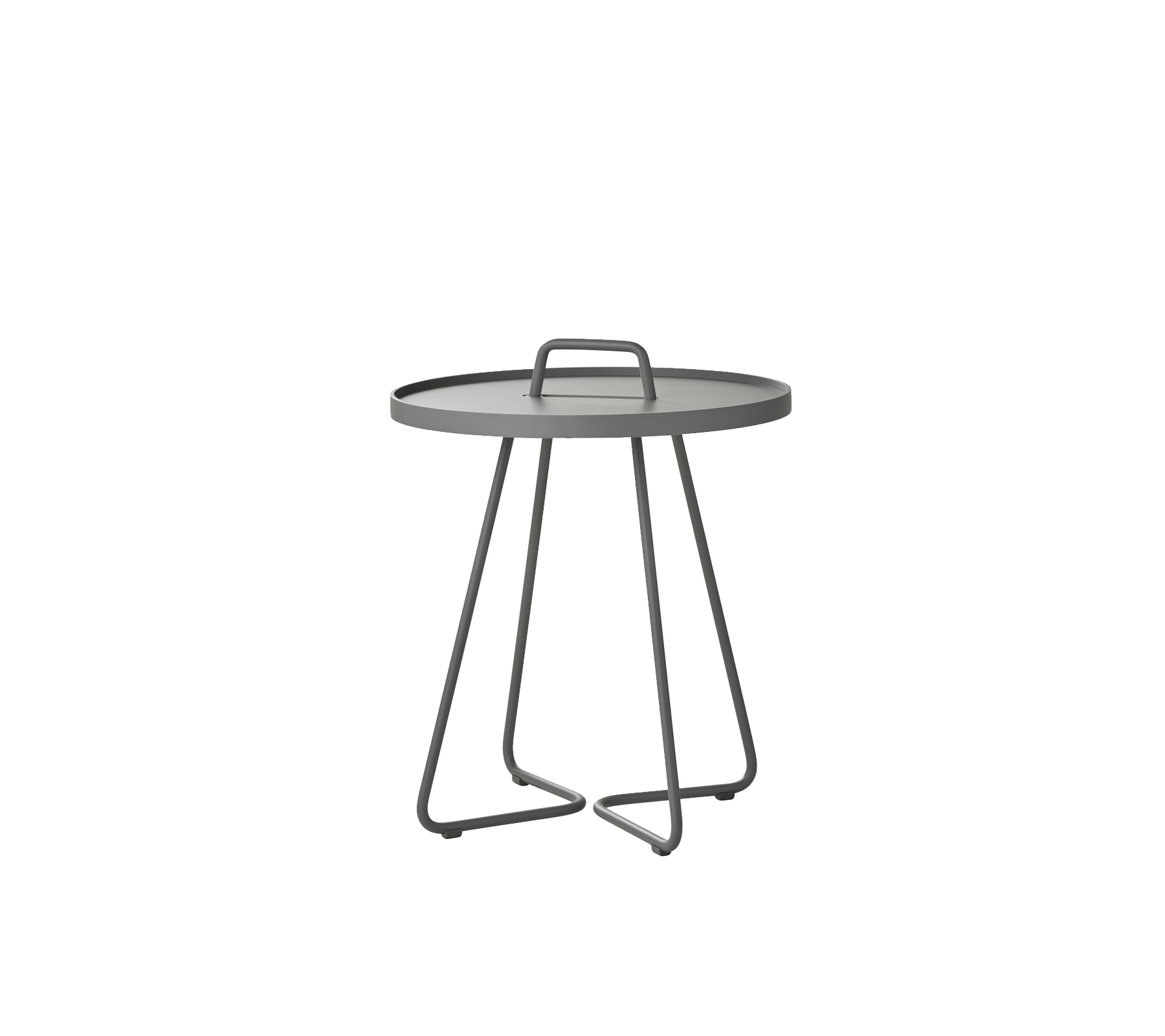 Mesa redonda pequeña con una parte superior de bandeja gris y patas de metal minimalistas, con un asa para una fácil movilidad. Ideal para diversas configuraciones.