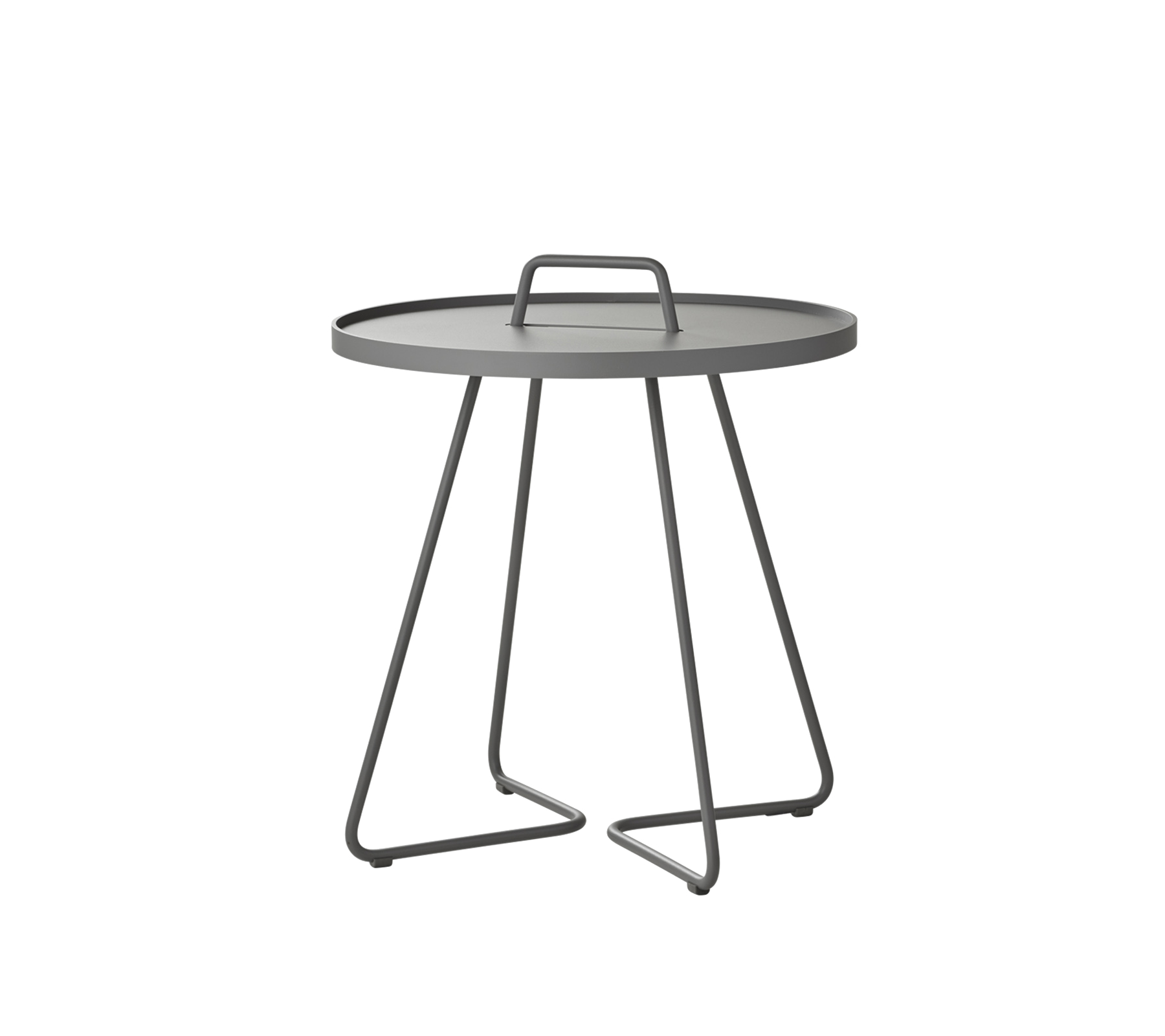 Mesa redonda con una elegante superficie gris y patas de metal minimalistas, diseñada para un uso versátil en diversos entornos.