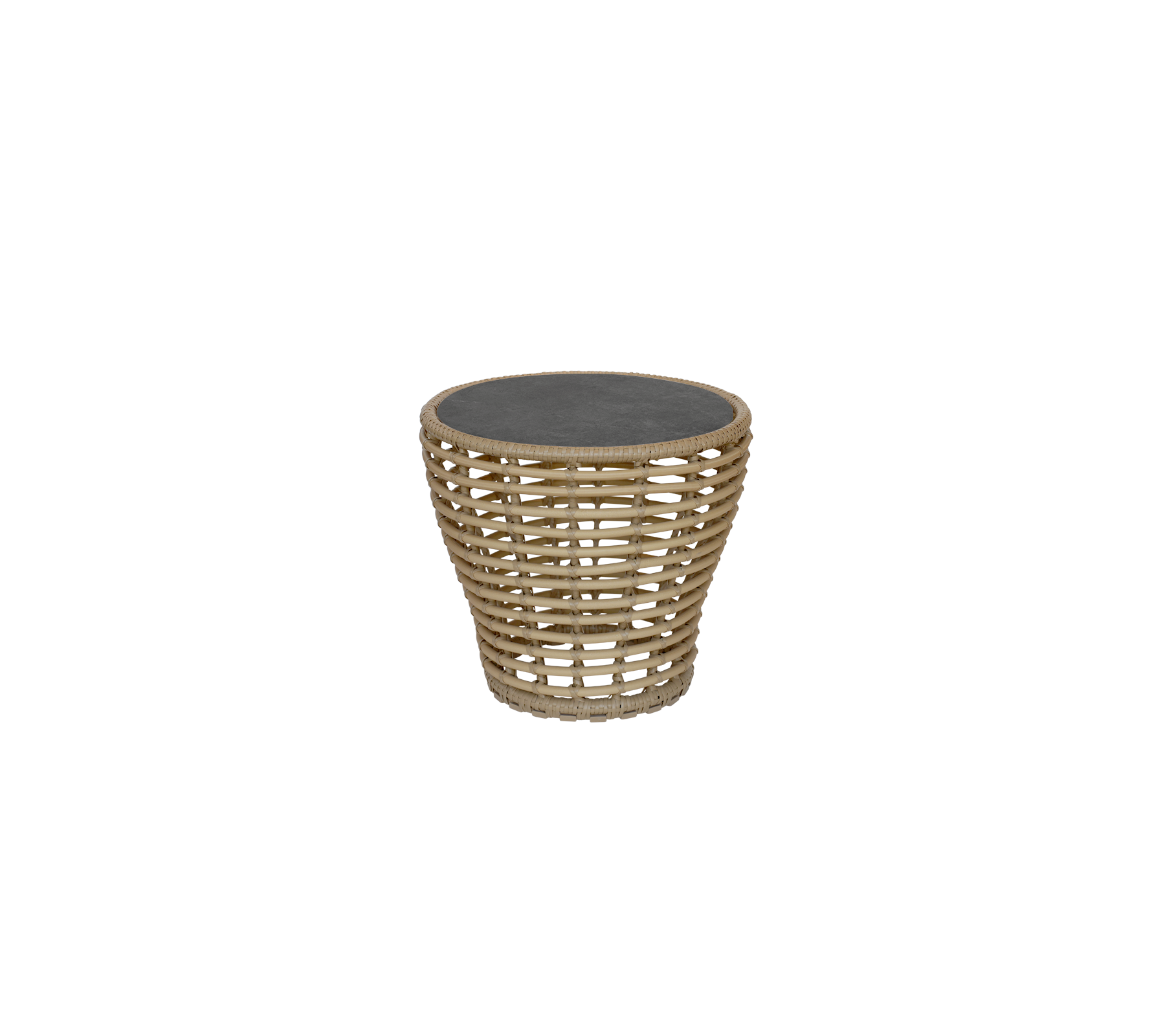 Una mesa auxiliar redonda y estilizada con un diseño tejido y una parte superior oscura, perfecta para añadir un toque moderno a cualquier espacio.