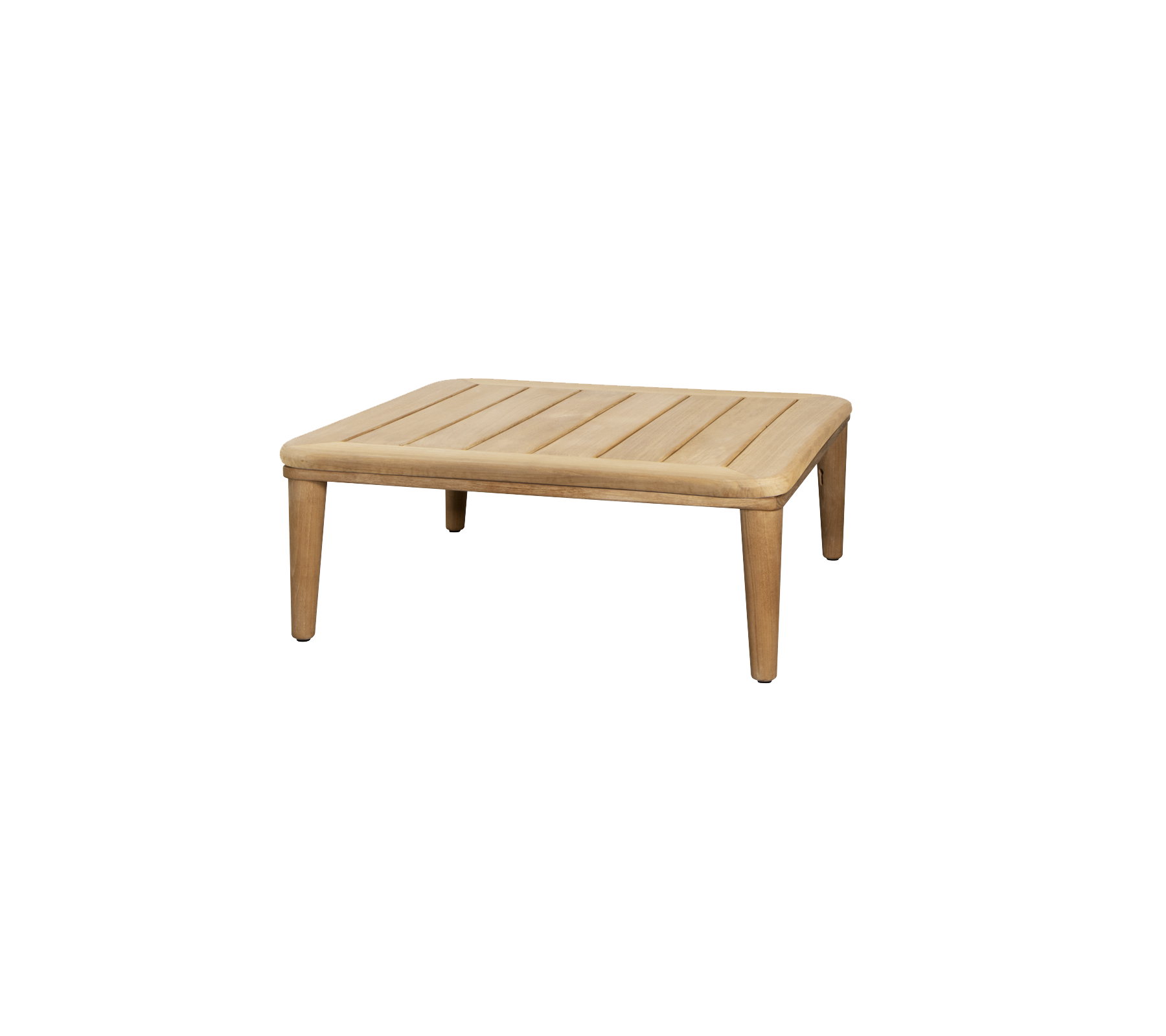 Mesa cuadrada de madera con una parte superior de listones y cuatro patas robustas, diseñada para un uso versátil en diversos entornos.