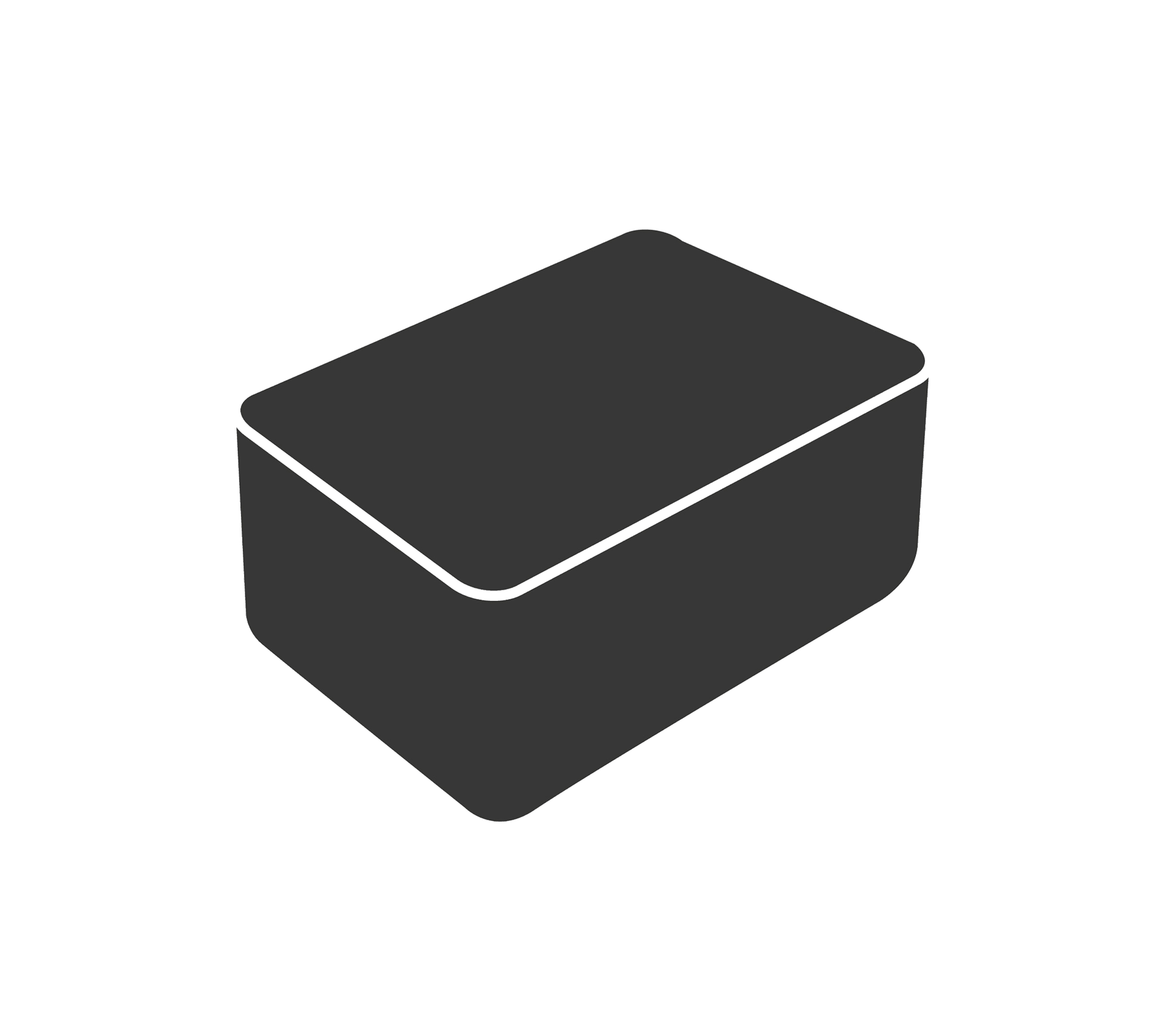 Un contenedor de almacenamiento simple y rectangular con una superficie lisa y una tapa ligeramente elevada. Ideal para organizar artículos.