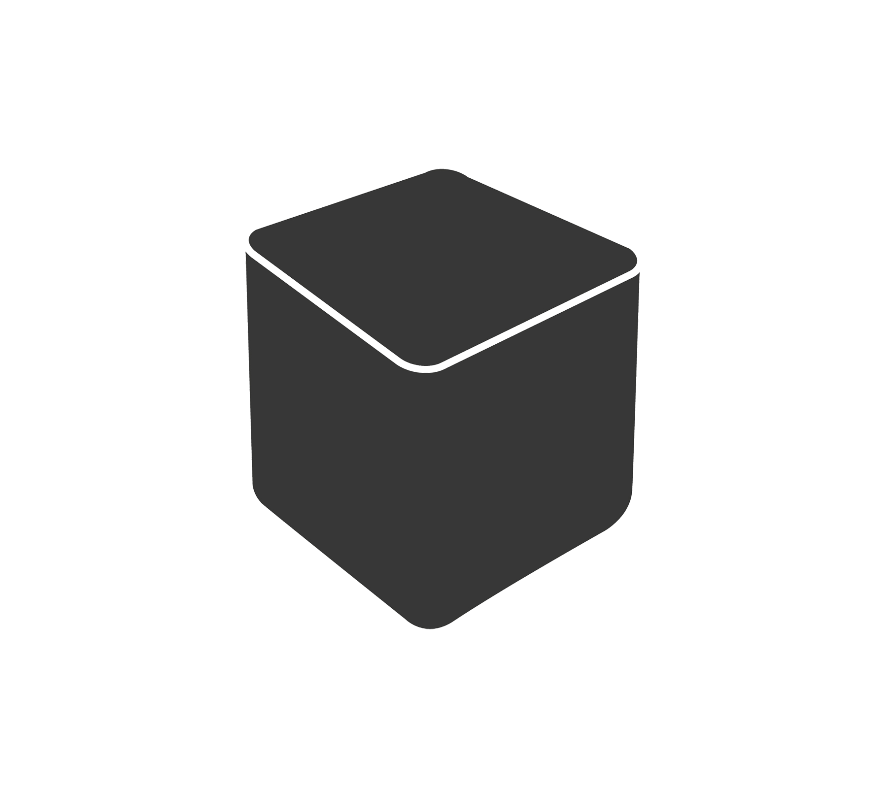 Un cubo simple, de color oscuro, con bordes redondeados y una superficie lisa, que presenta una parte superior ligeramente elevada.