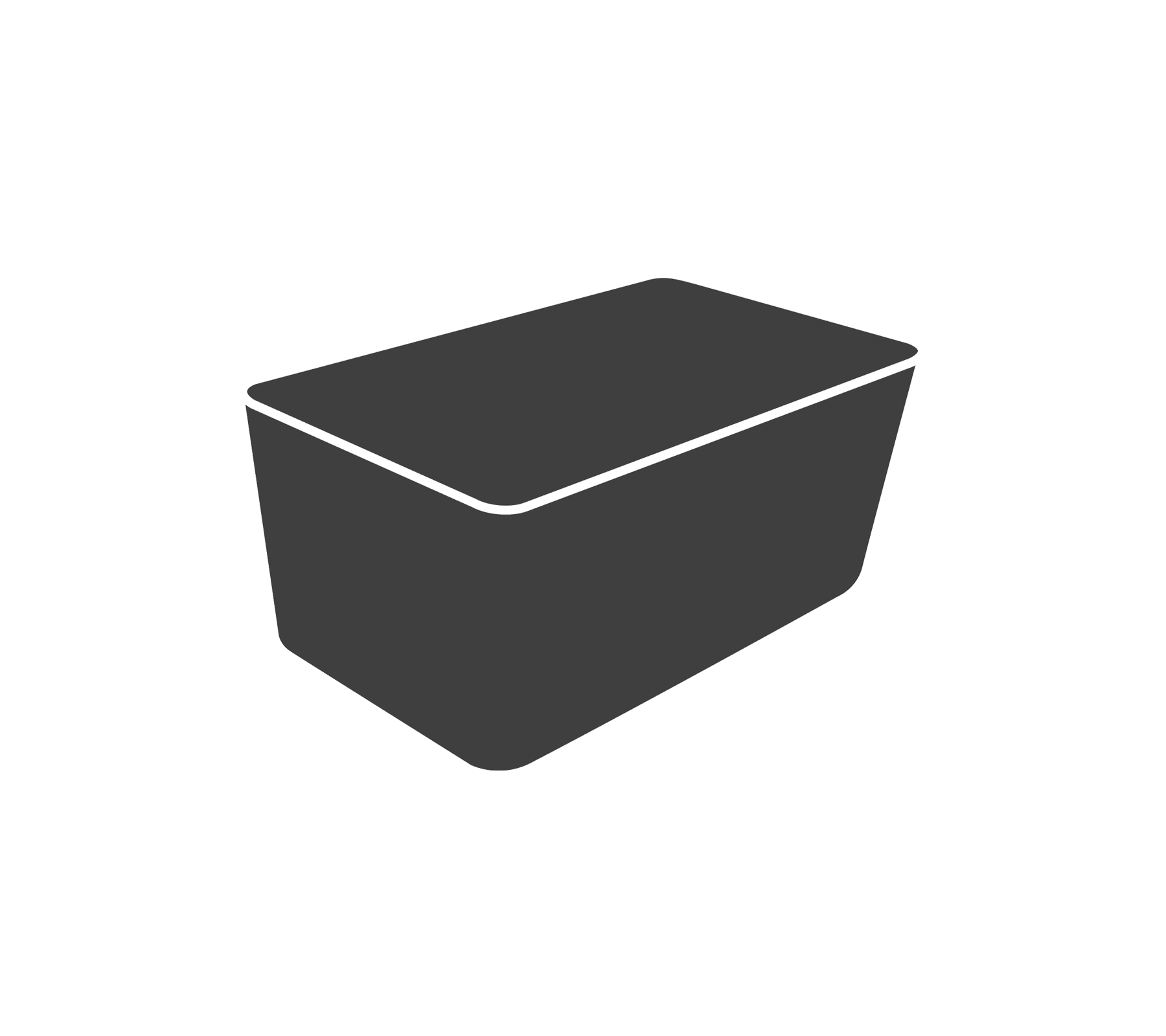 Un contenedor rectangular simple con una tapa plana, diseñado para almacenamiento o transporte, en un color gris oscuro.