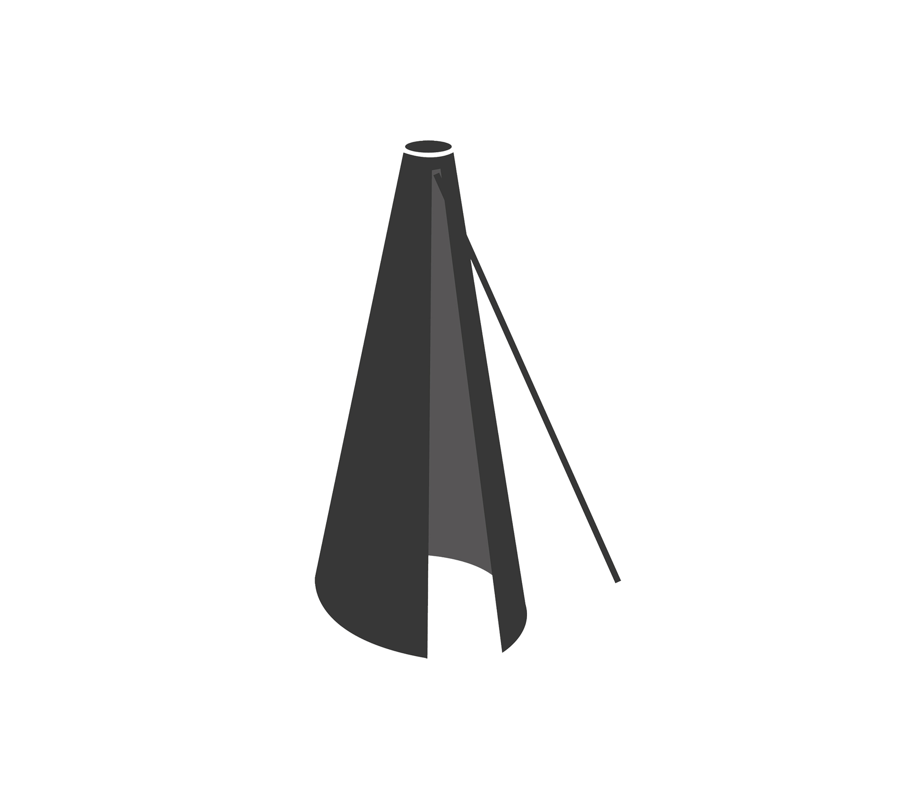 Objeto estilizado en forma de cono con una parte superior cónica y una abertura lateral, sostenido por una varilla delgada.
