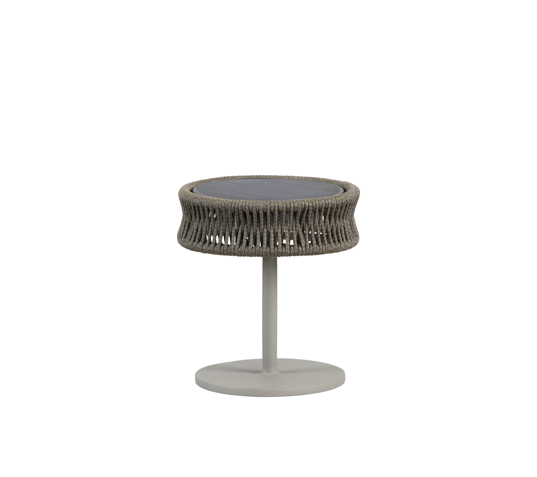 Mesa redonda con un diseño texturizado y tejido en tonos neutros, que presenta una base de pedestal elegante. Ideal para espacios modernos y estilosos.