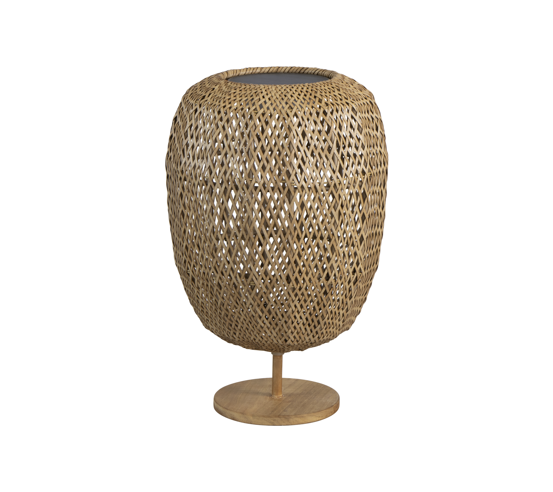Lámpara de fibra natural tejida con una forma redondeada y una base resistente, que ofrece un toque elegante a cualquier decoración.