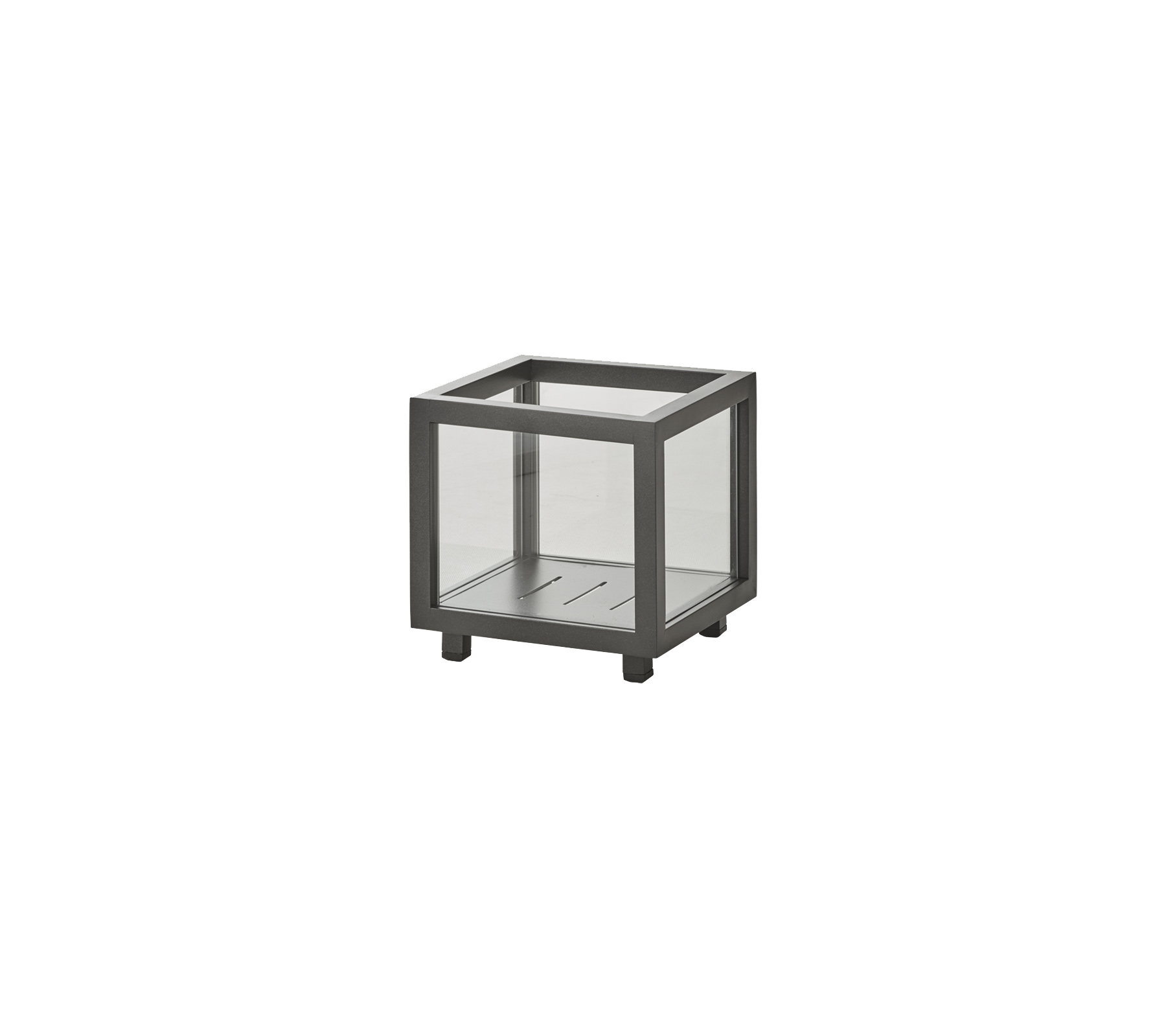 Mesa auxiliar cuadrada minimalista con marco de metal y paneles de vidrio, que aporta un toque moderno a cualquier espacio.