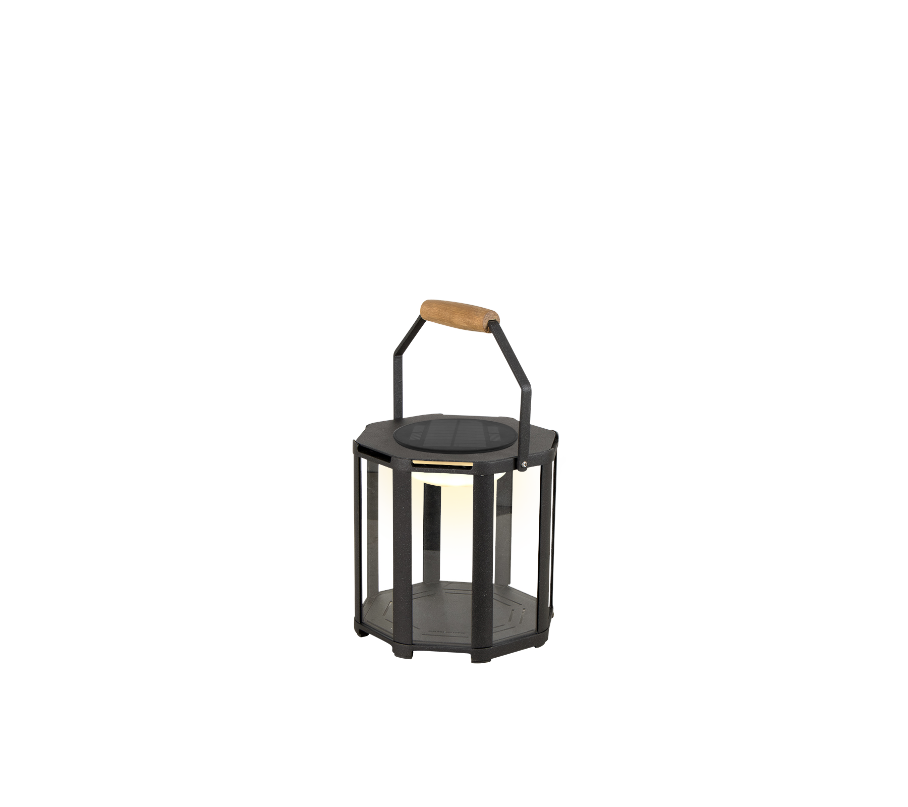 Una linterna elegante con un marco de metal negro y un mango de madera, diseñada con iluminación LED para un toque moderno.