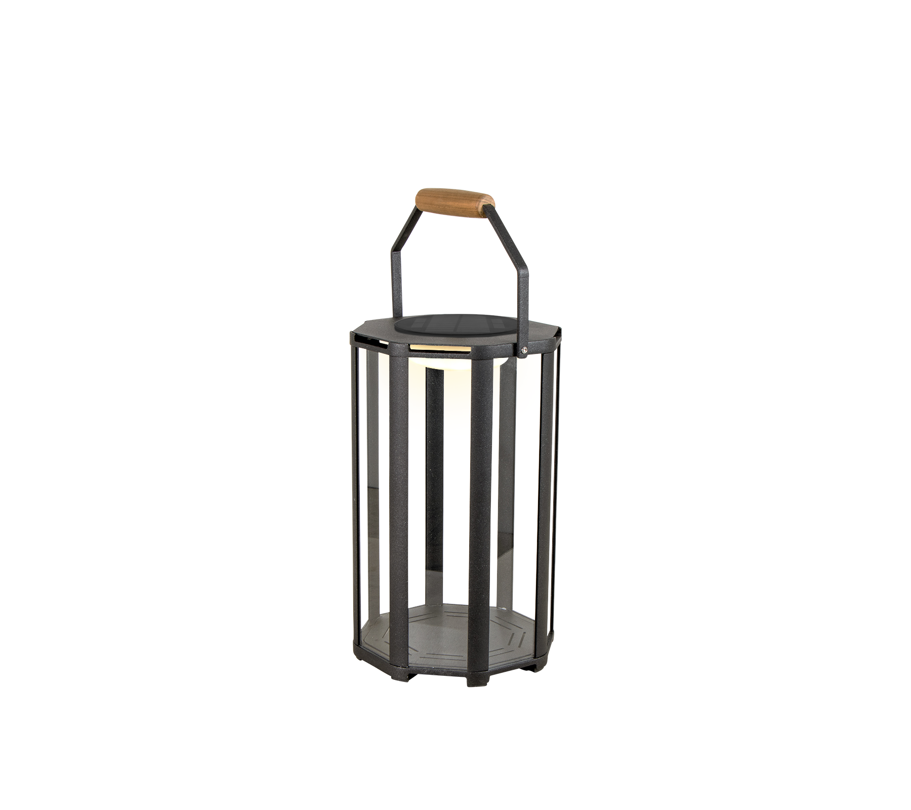 Linterna elegante con marco de metal y asa de madera, con iluminación LED para un toque moderno.