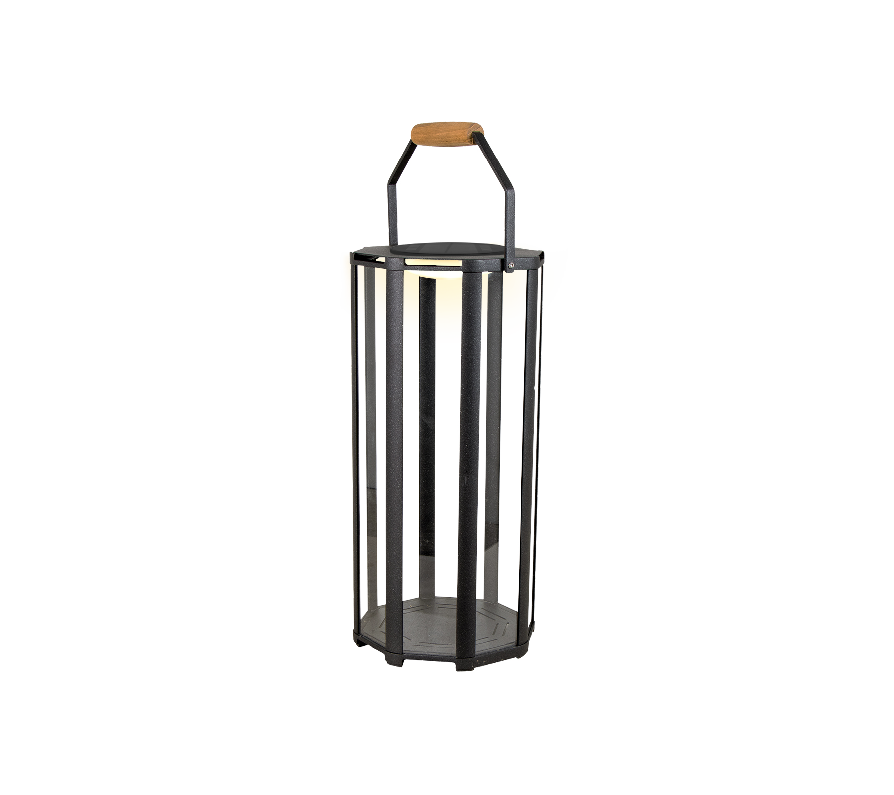 Una linterna cilíndrica con un marco de metal con barras verticales y un mango de madera, diseñada para iluminación LED.