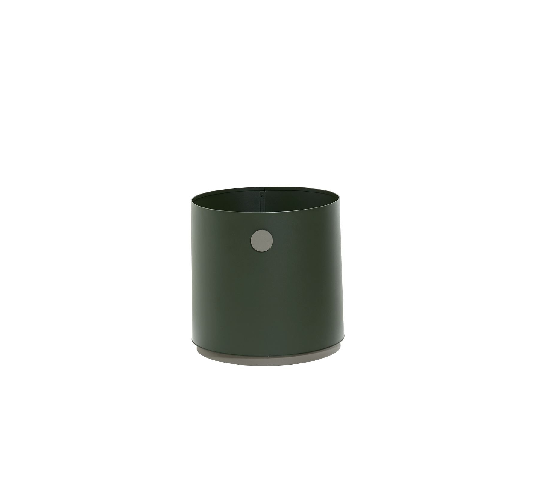 Contenedor de metal verde con un acabado suave y un pequeño agujero circular en el costado, adecuado para diversos usos.