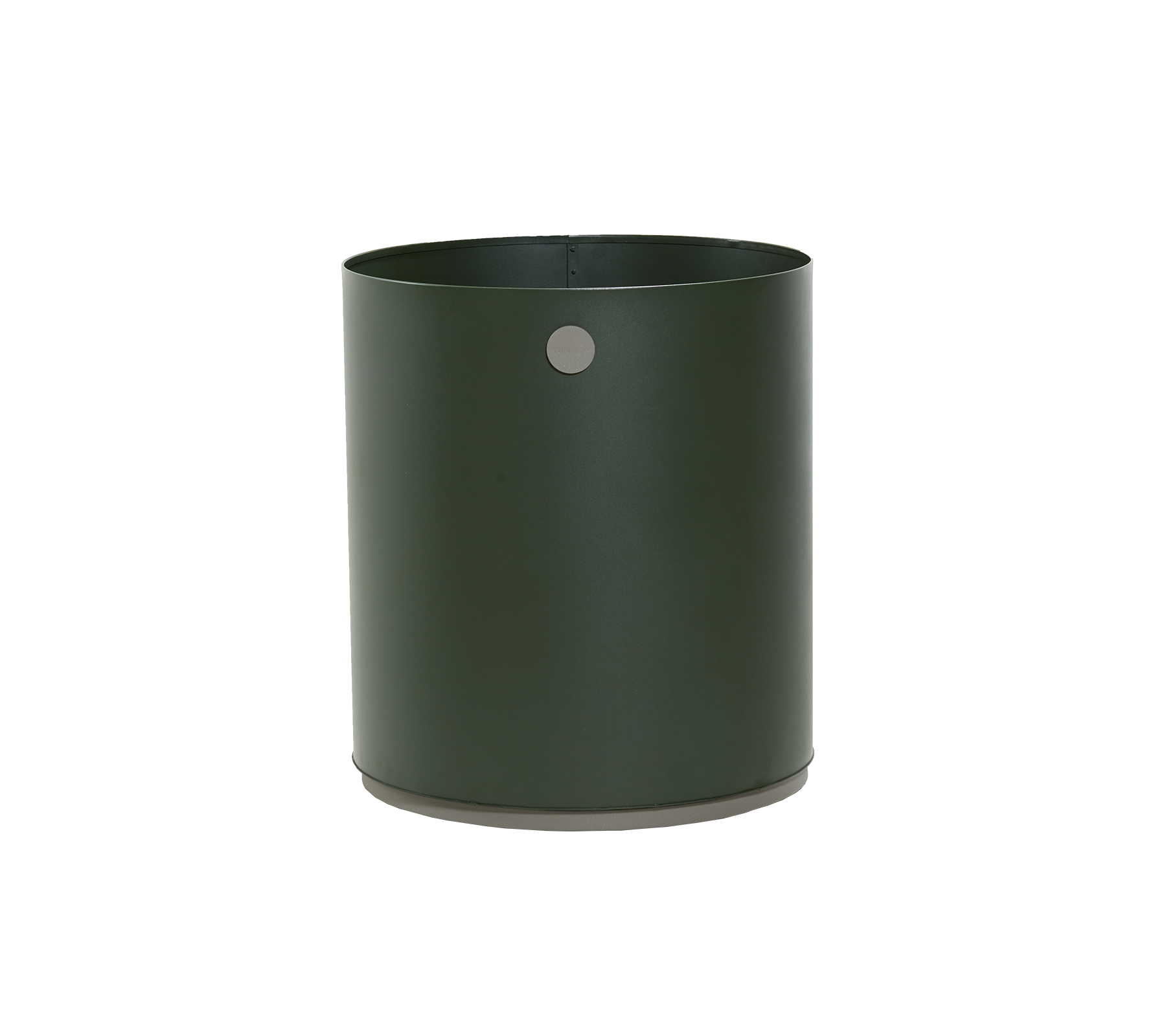 Maceta cilíndrica verde con un acabado suave y un sutil detalle decorativo en el costado. Ideal para exhibir plantas.
