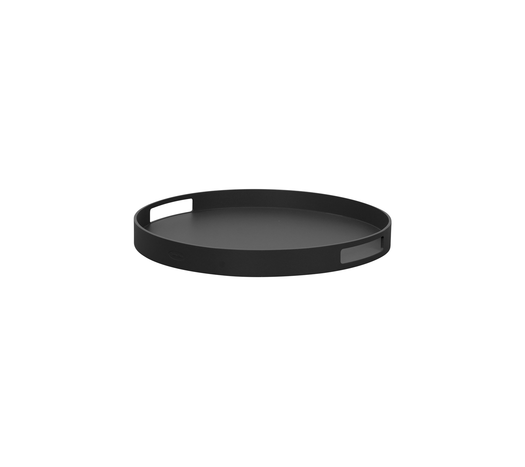 Bandeja circular negra con una superficie lisa y un mango sutil para fácil levantamiento, ideal para servir o organizar elementos.