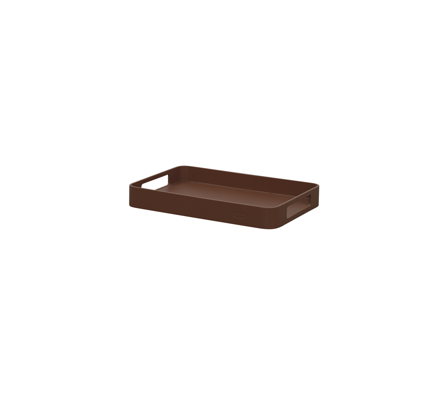 Bandeja rectangular marrón con bordes elevados y asas para un fácil transporte, ideal para organizar o servir artículos.