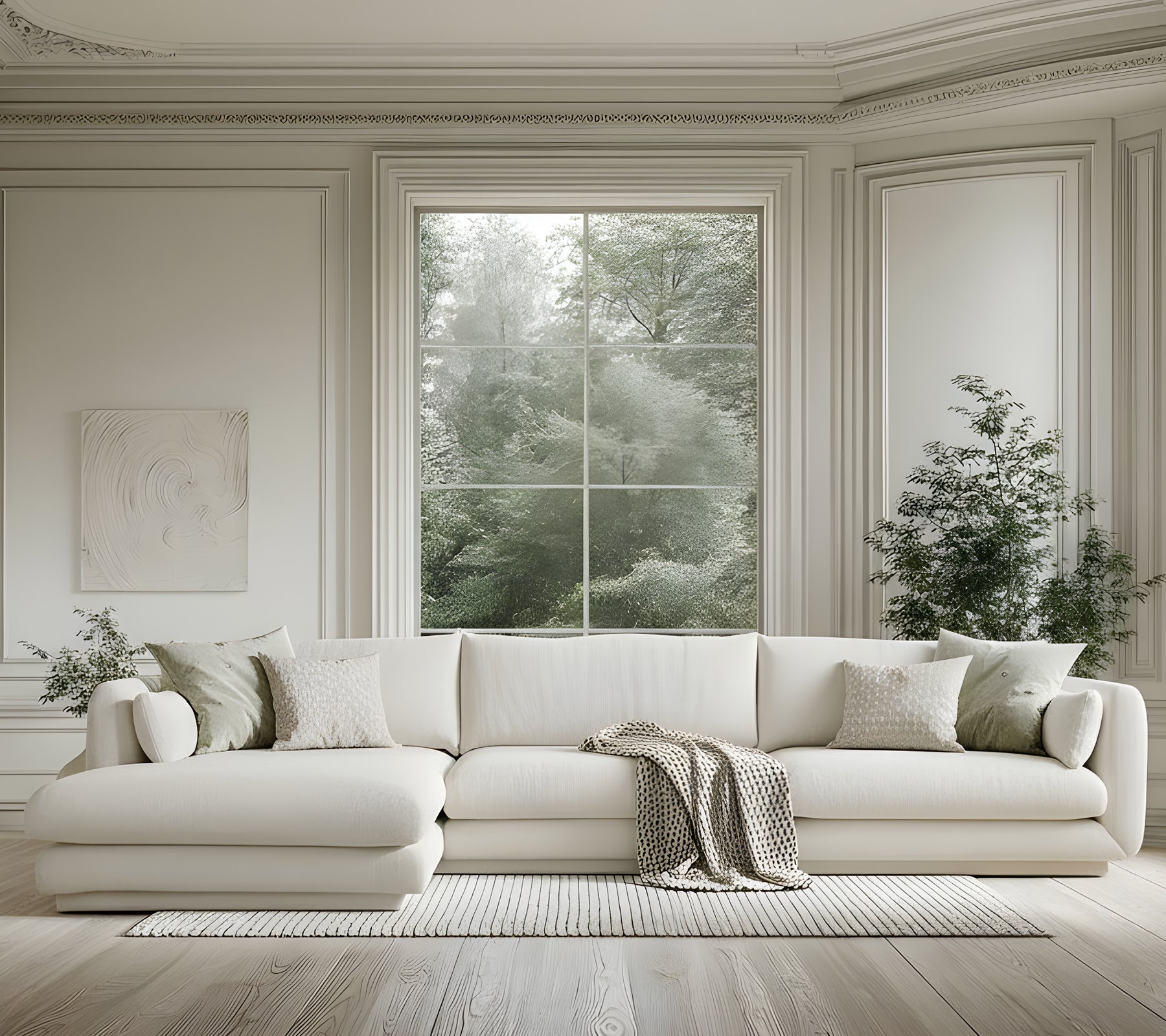 Sofá blanco moderno con cojines verdes y una manta gris en un ambiente de salón minimalista.