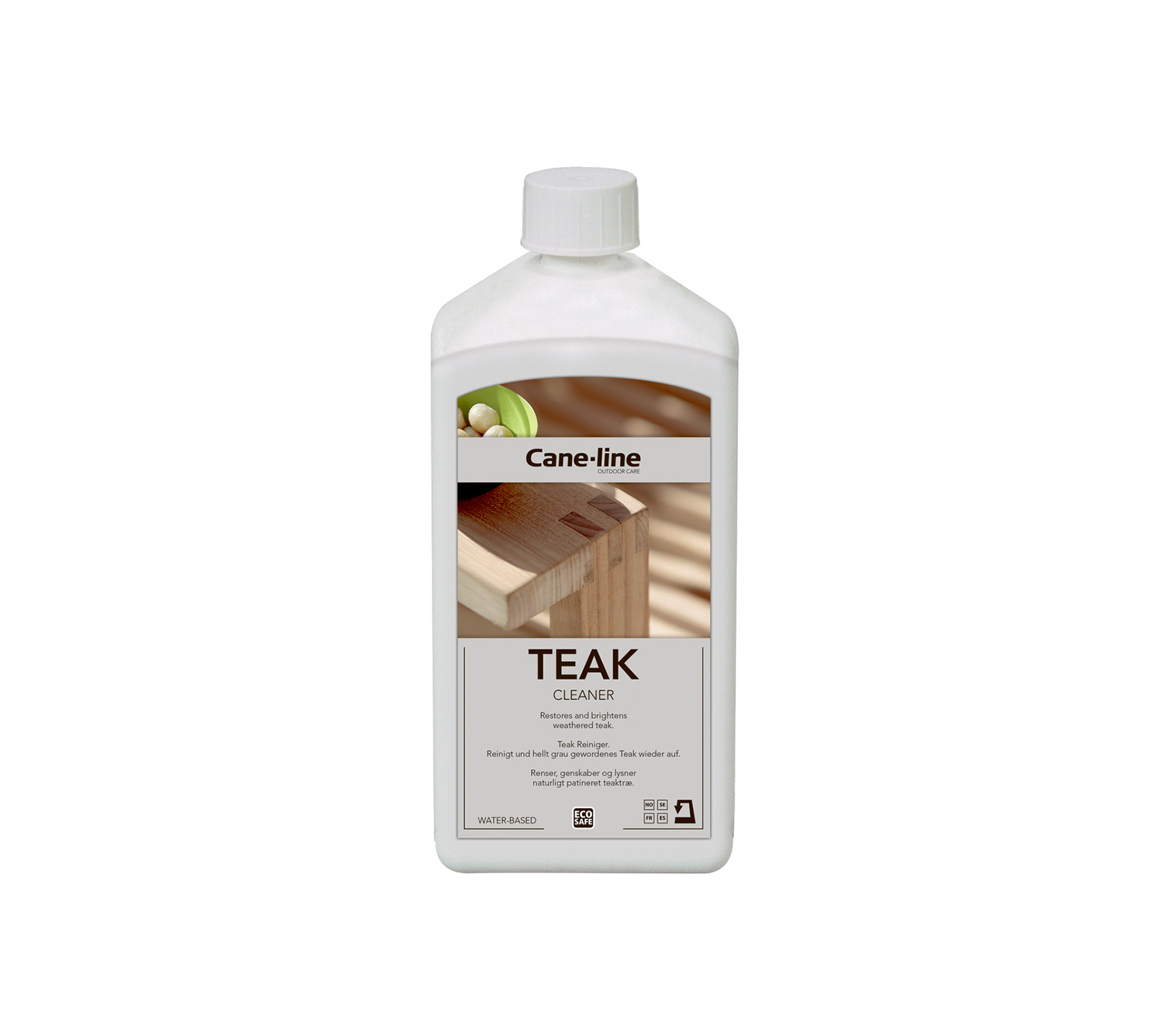 Botella de aceite de teca para el cuidado de la madera, con una etiqueta que contiene información del producto e instrucciones de uso.