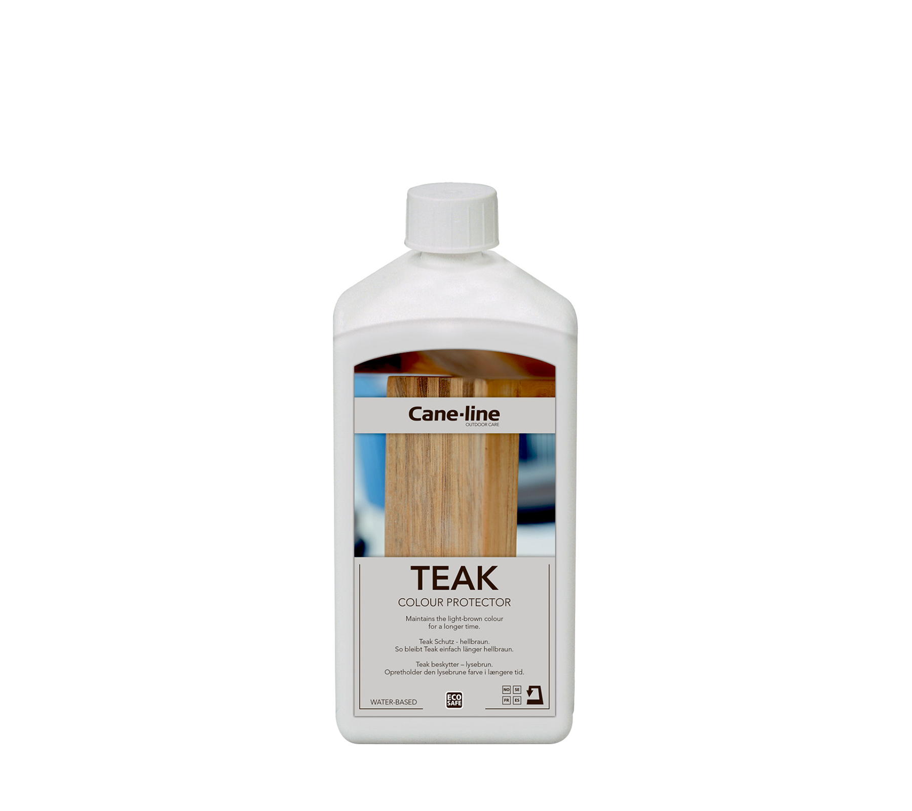 Contenedor de protector de color teca de Cane-line, diseñado para mantener y realzar la apariencia de las superficies de madera de teca.