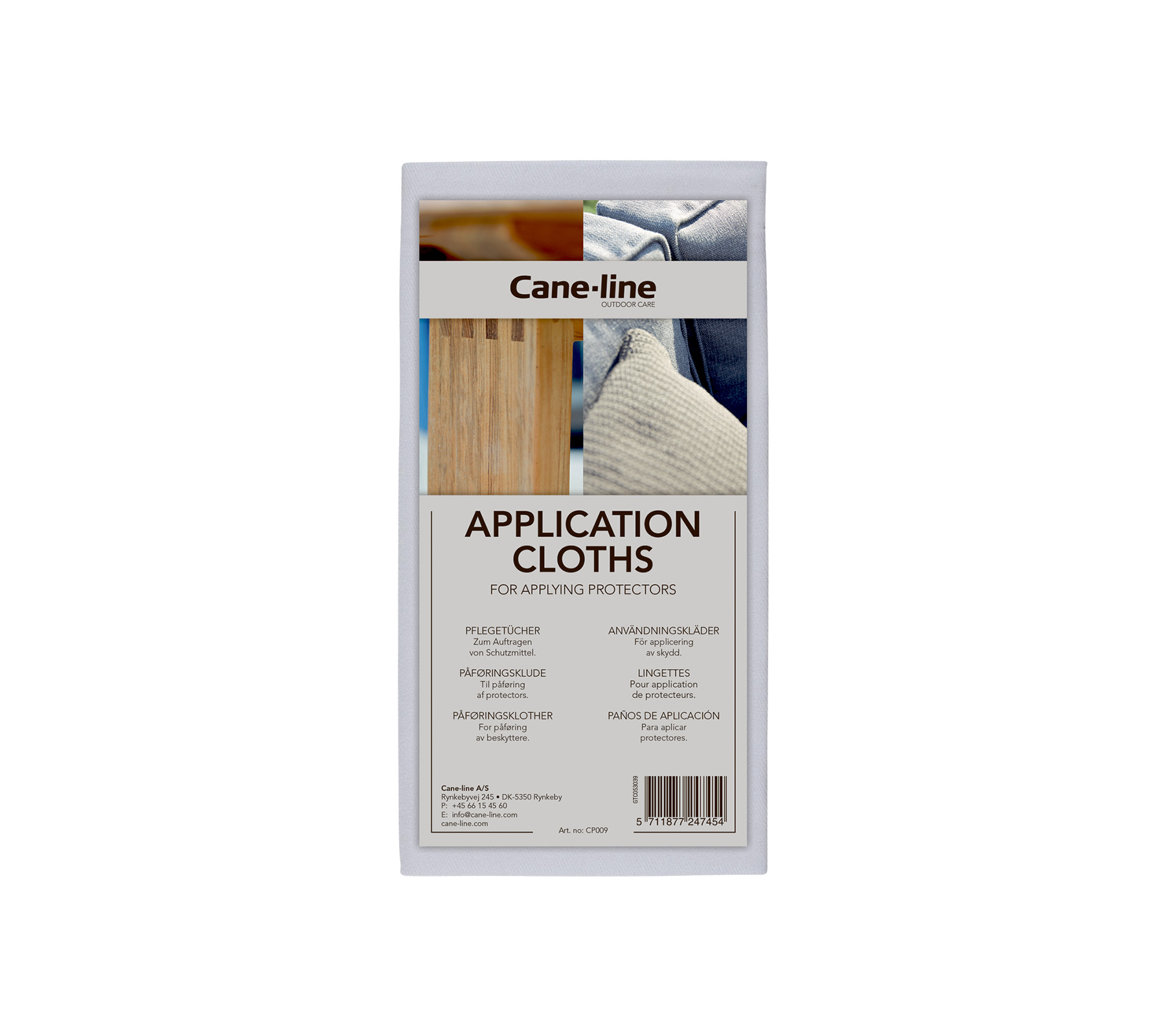Paños de aplicación Cane-line para protección de superficies, con instrucciones y detalles de uso en el embalaje.