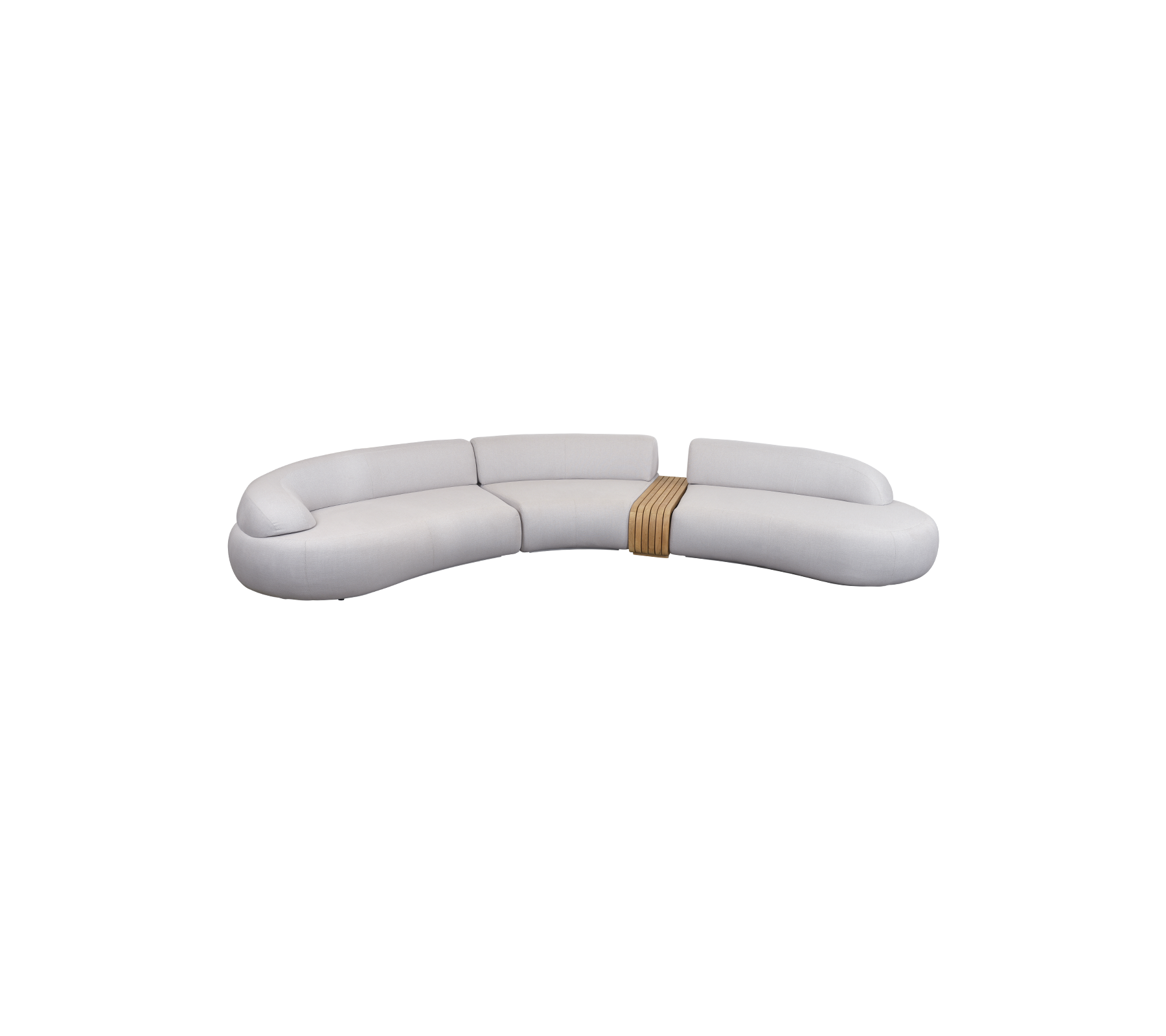 Sofá curvado y elegante con un diseño elegante, tapizado suave y un acento de madera para un aspecto moderno. Perfecto para espacios de relajación.