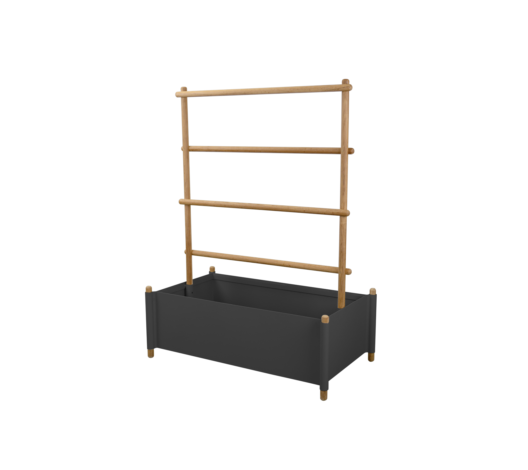 Una maceta decorativa con una base oscura y tres varas de bambú para plantas trepadoras. Ideal para realzar la exhibición de plantas.