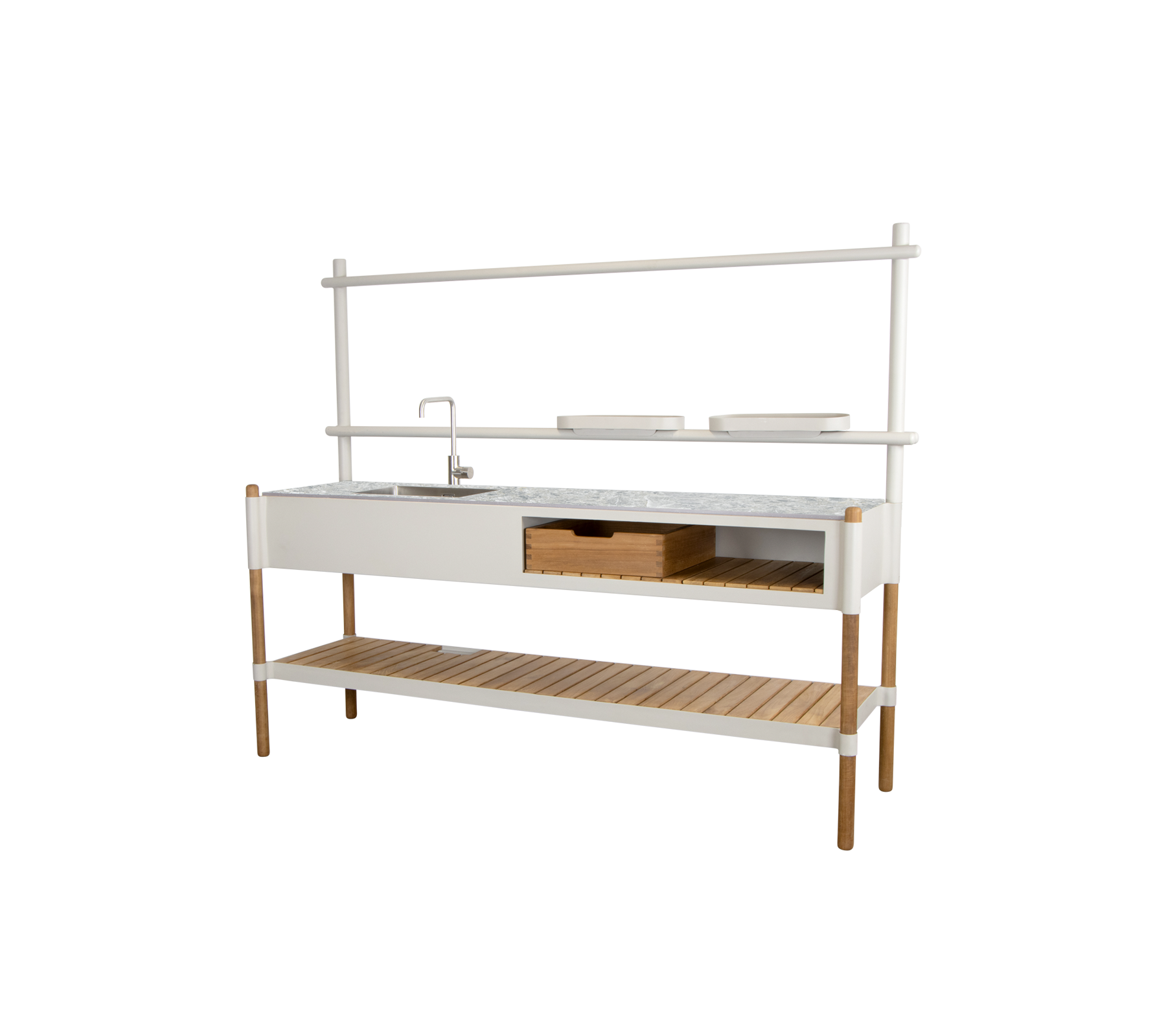 Unidad de cocina moderna con una encimera de mármol, cajones de almacenamiento y una estantería abierta apoyada en patas de madera.