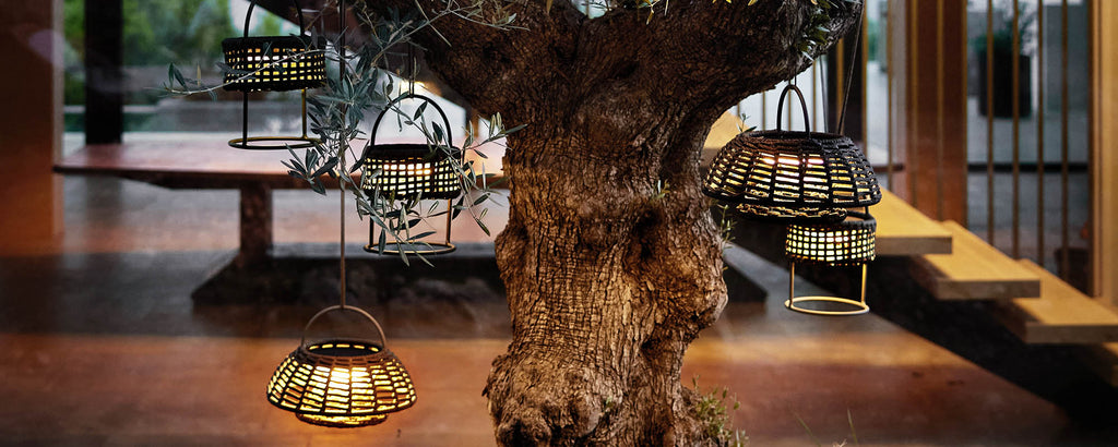 A striking tree with decorative hanging lanterns, creating an enchanting and warm ambiance.