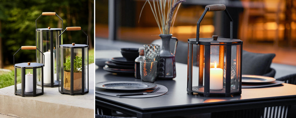 Decorative lanterns in various designs with candles, elegantly placed on a table, enhancing the ambiance with soft glow and style.