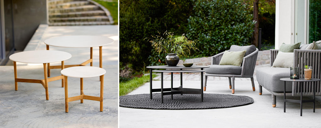 Two stylish seating arrangements featuring elegant tables, complimented by modern chairs and cushions in a tranquil setting.
