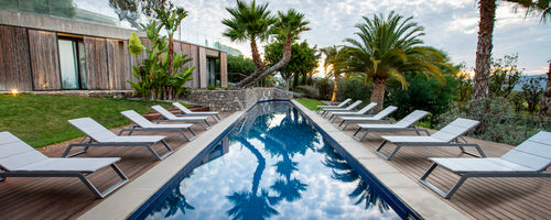 Una fila de tumbonas al lado de una piscina reflectante, rodeada de exuberante vegetación y palmeras, creando un área de relajación serena.