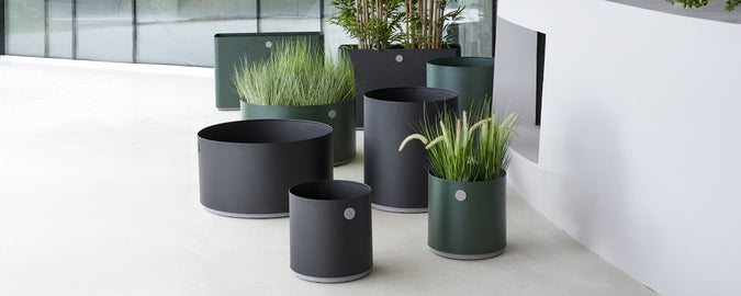 Macetas modernas en negro y verde con plantas dispuestas en un entorno contemporáneo.