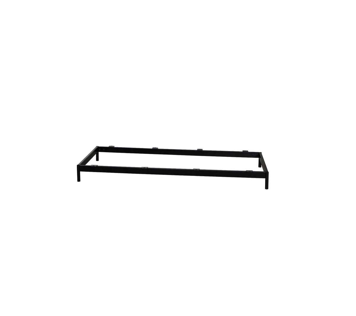 Estructura de cama de metal en un diseño rectangular simple, con un acabado negro elegante para una compatibilidad decorativa versátil.