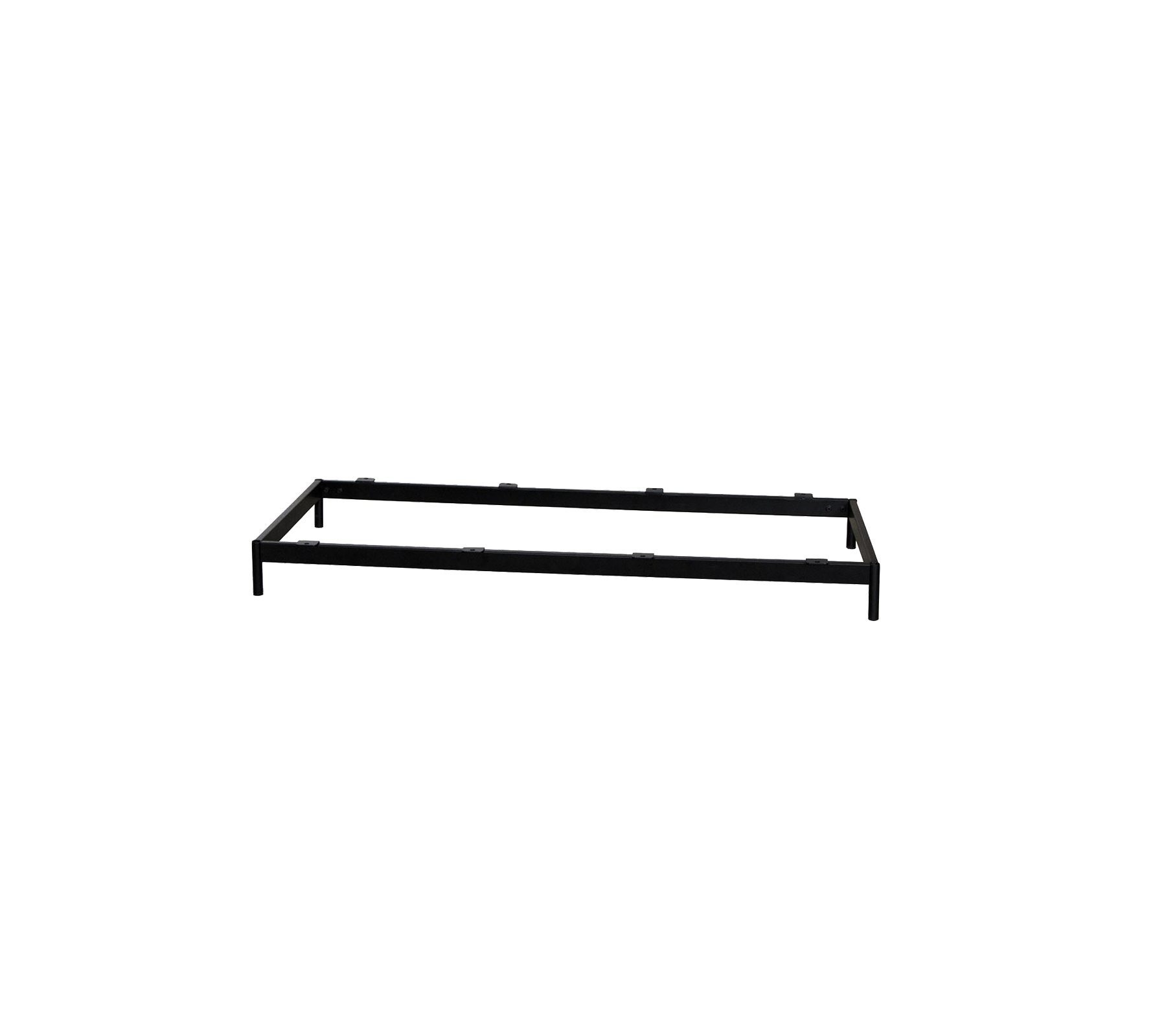 Estructura de cama de metal en un diseño rectangular simple, con un acabado negro elegante para una compatibilidad decorativa versátil.