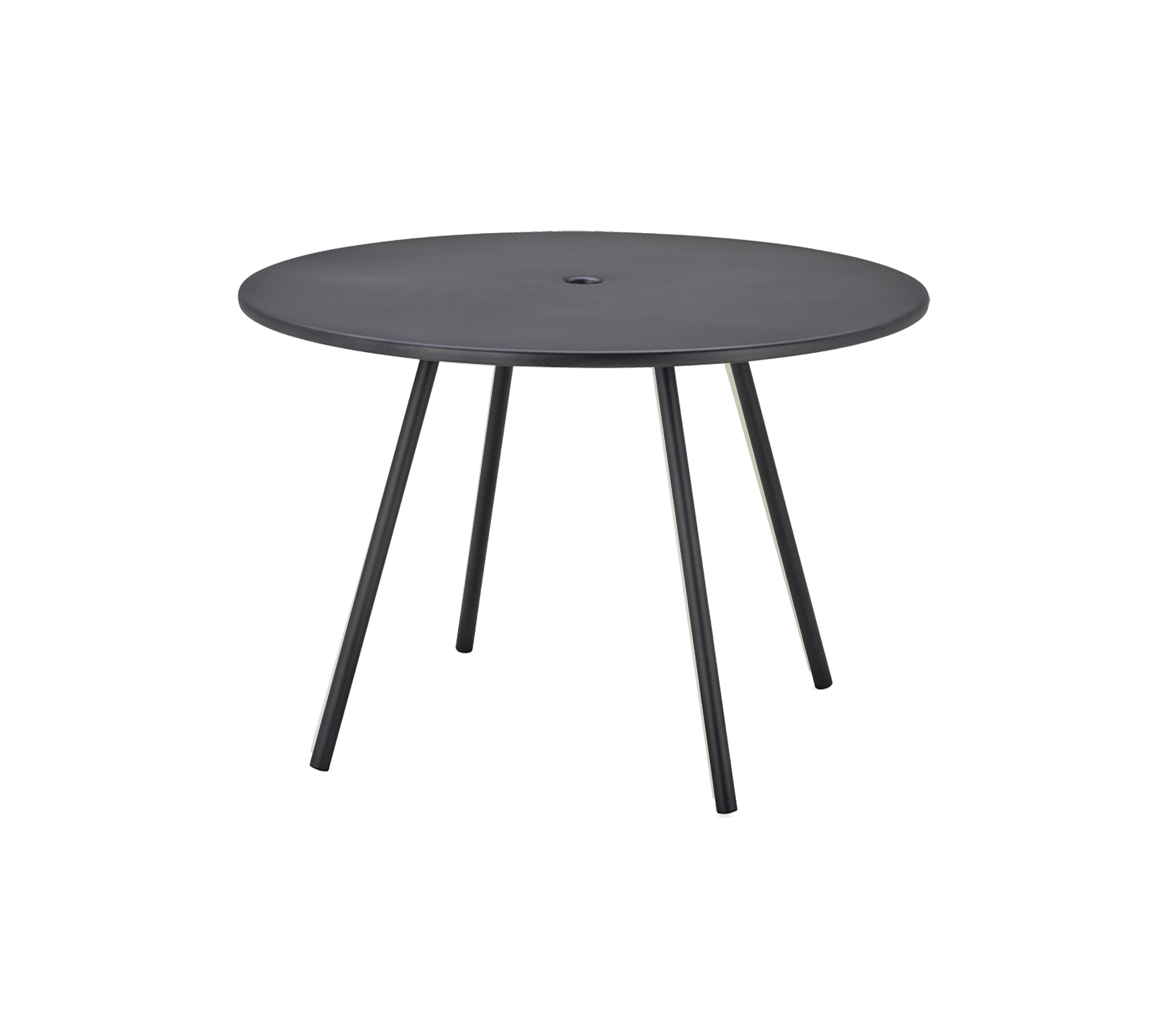 Mesa negra redonda con una superficie lisa y tres patas delgadas, diseñada para un uso versátil.