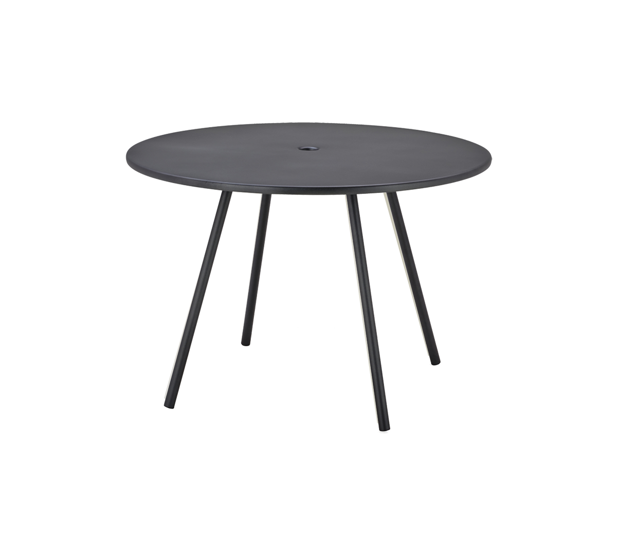 Mesa negra redonda con una superficie lisa y tres patas delgadas, diseñada para un uso versátil.