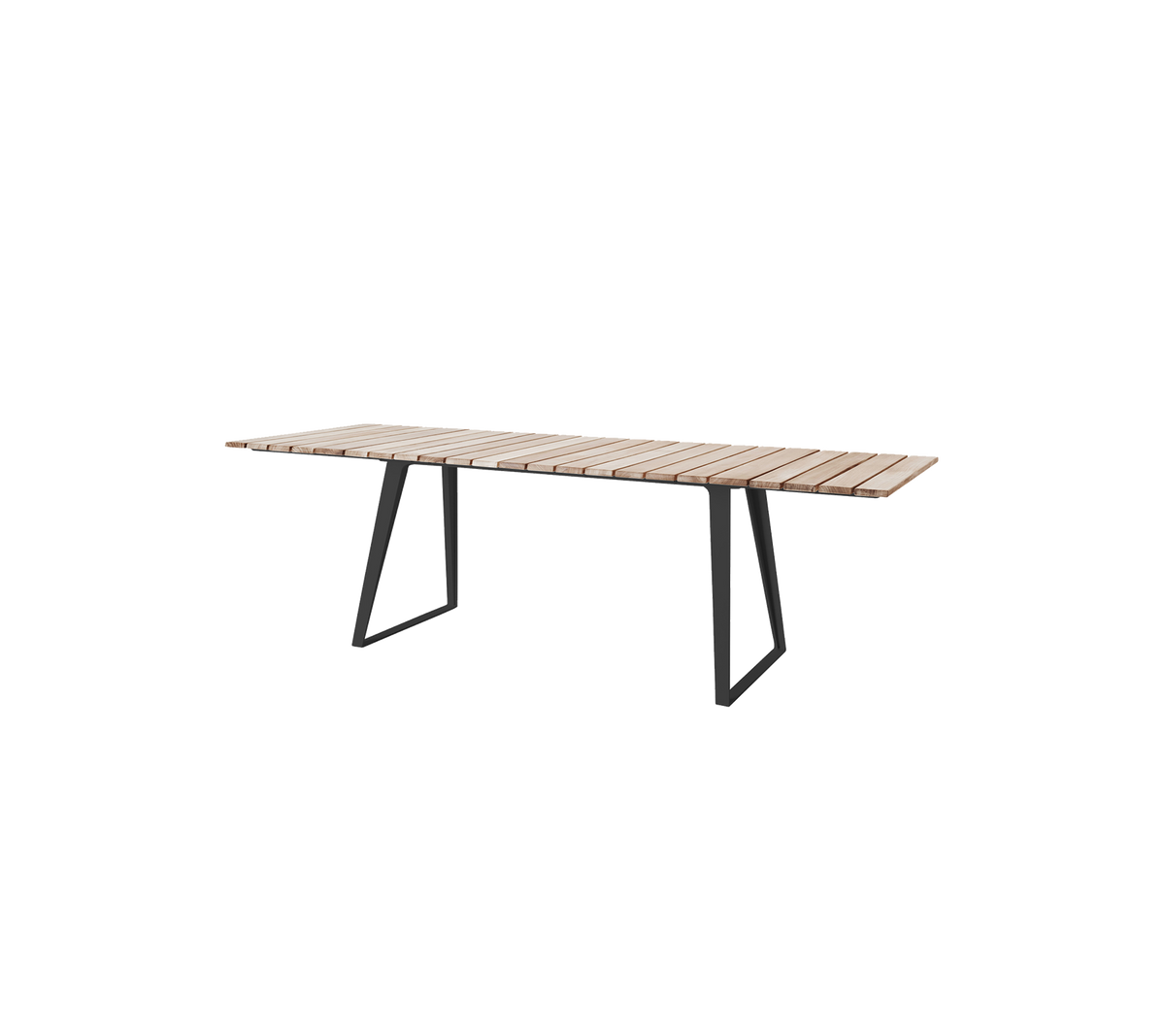 Mesa de madera moderna con una superficie de tablones y patas de metal elegantes, adecuada para diversos entornos y reuniones.