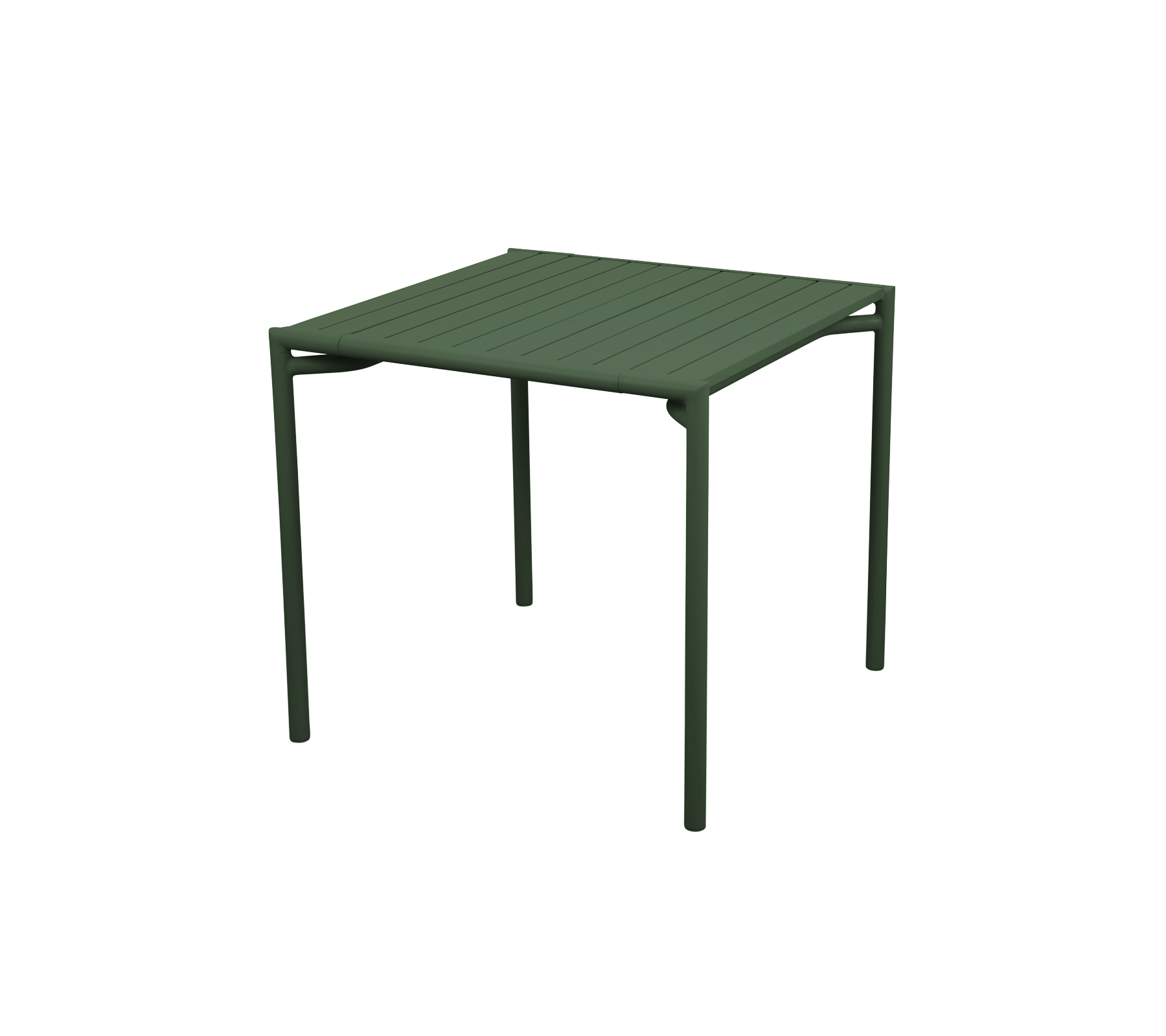 Mesa cuadrada con una superficie de listones y patas verdes robustas, diseñada para un uso versátil en varios entornos.