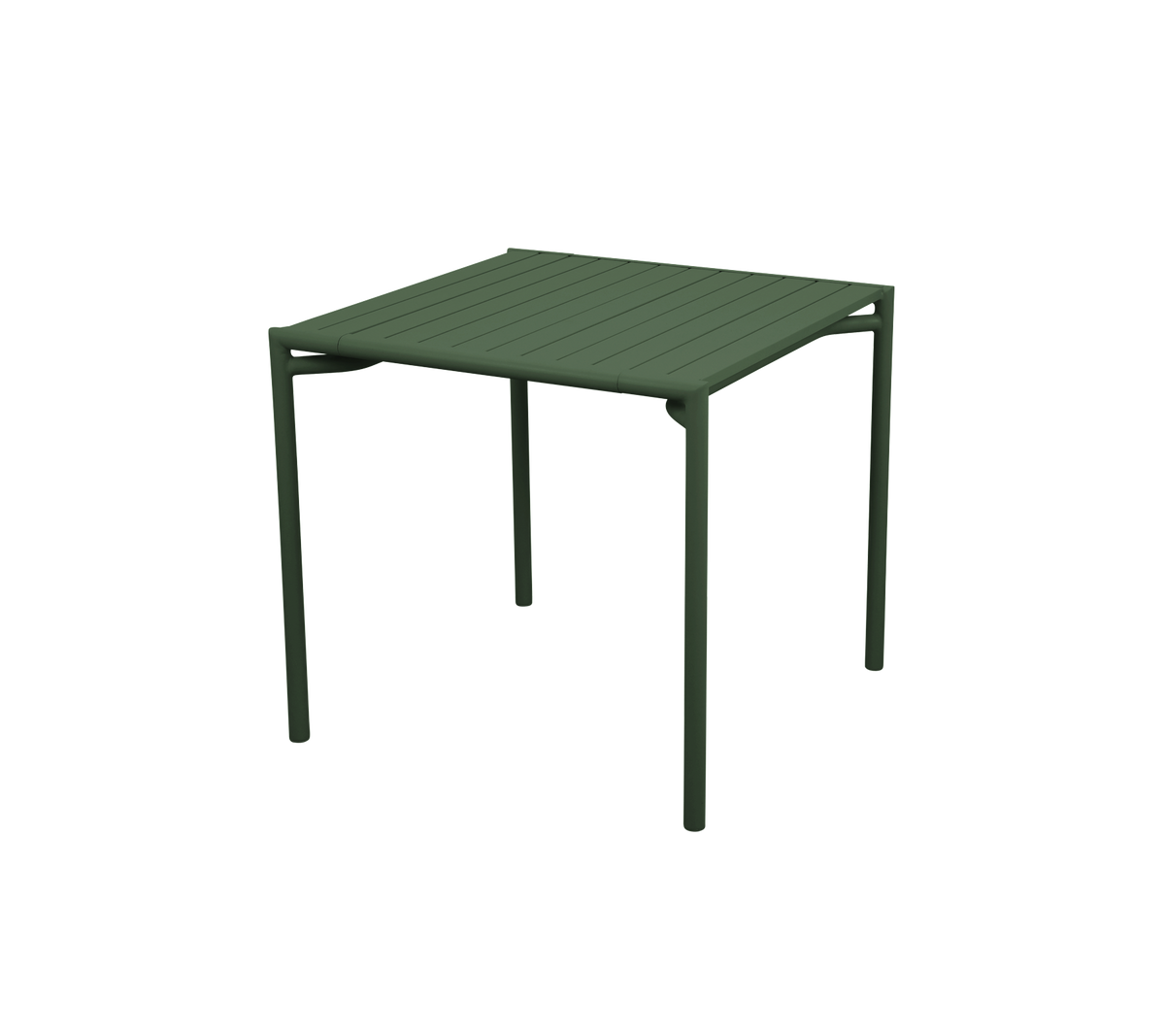 Mesa cuadrada con una superficie de listones y patas verdes robustas, diseñada para un uso versátil en varios entornos.
