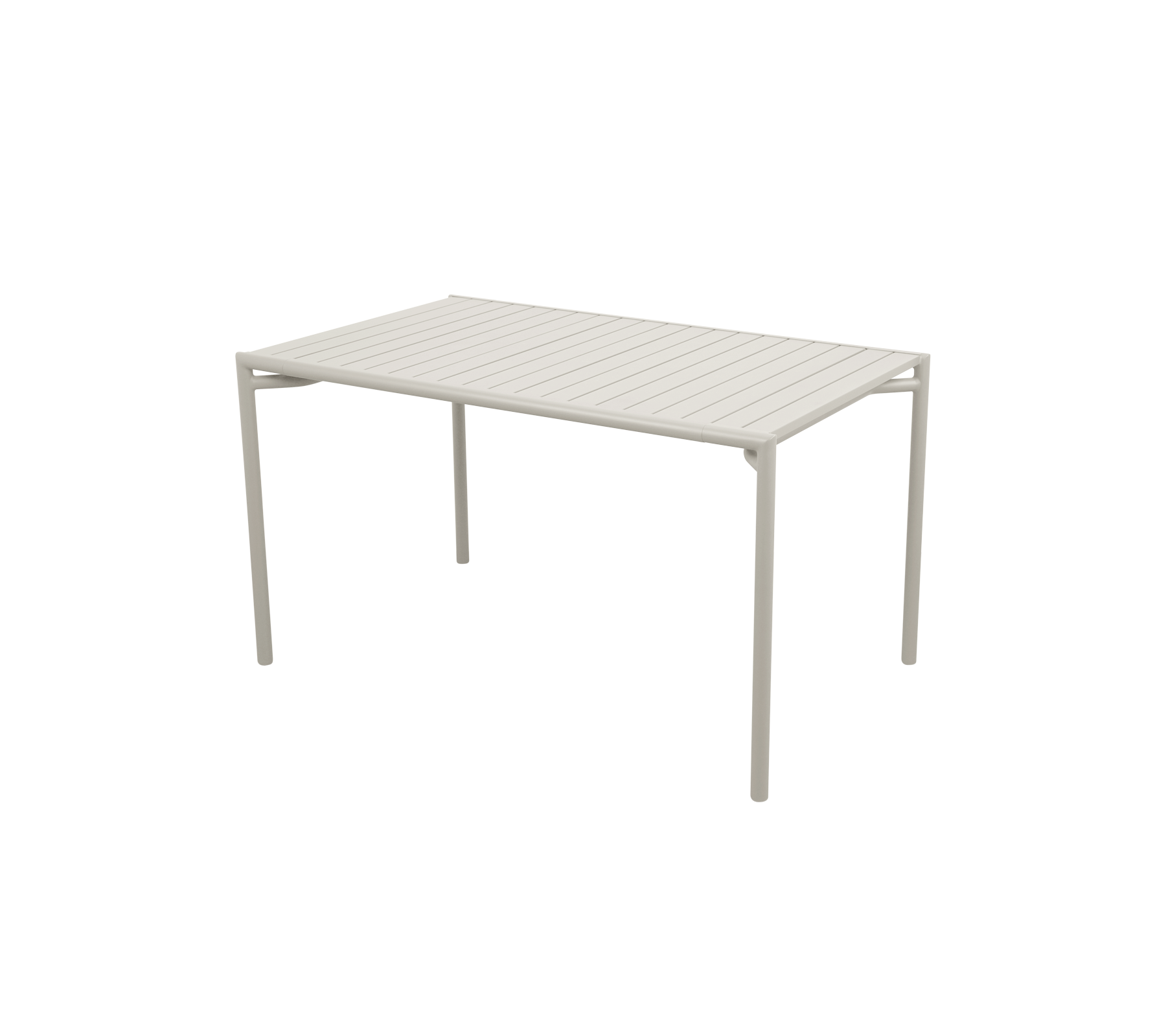 Mesa rectangular con una superficie ranurada y cuatro patas rectas, que presenta un diseño moderno y minimalista en un color claro.