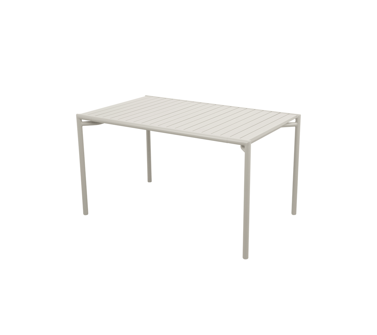 Mesa rectangular con una superficie ranurada y cuatro patas rectas, que presenta un diseño moderno y minimalista en un color claro.