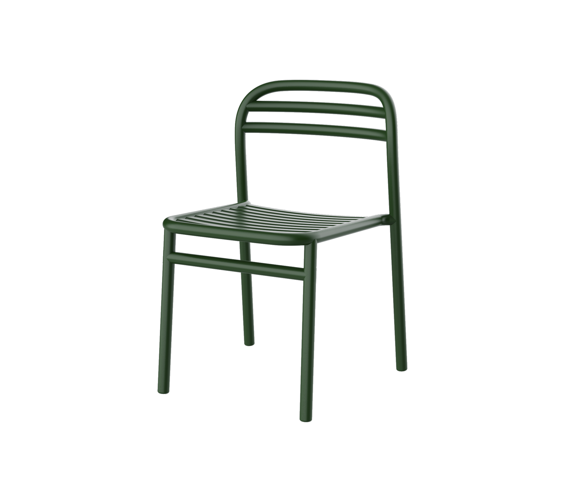 Silla de metal verde con un diseño simple, con asiento y respaldo de listones para mayor comodidad y estilo. Perfecta para entornos versátiles.
