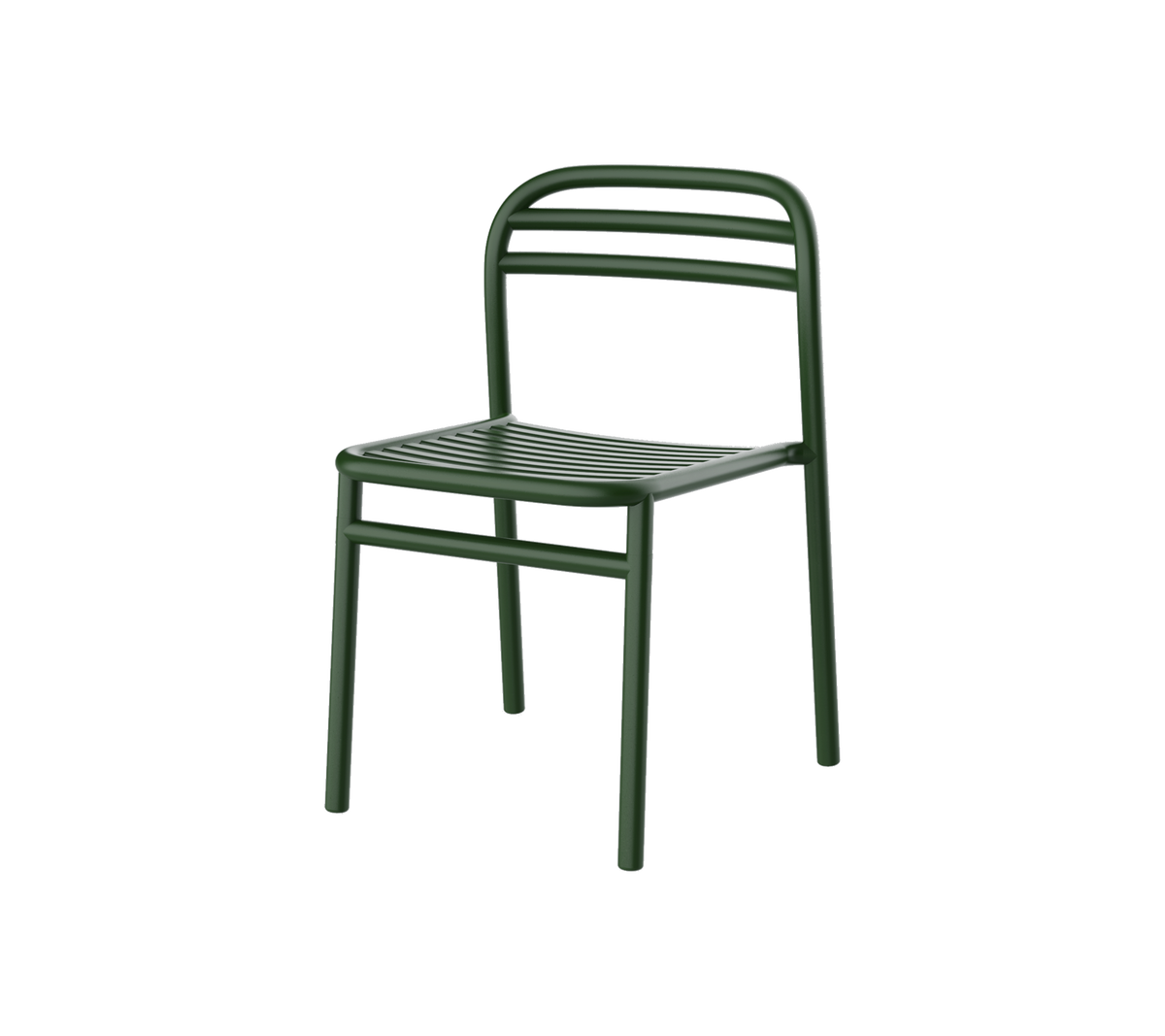 Silla de metal verde con un diseño simple, con asiento y respaldo de listones para mayor comodidad y estilo. Perfecta para entornos versátiles.