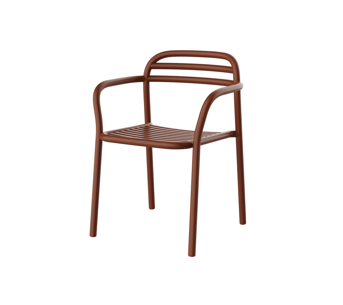 Silla marrón con un diseño moderno que cuenta con brazos curvados y lamas horizontales en el respaldo. Ideal para asientos informales.