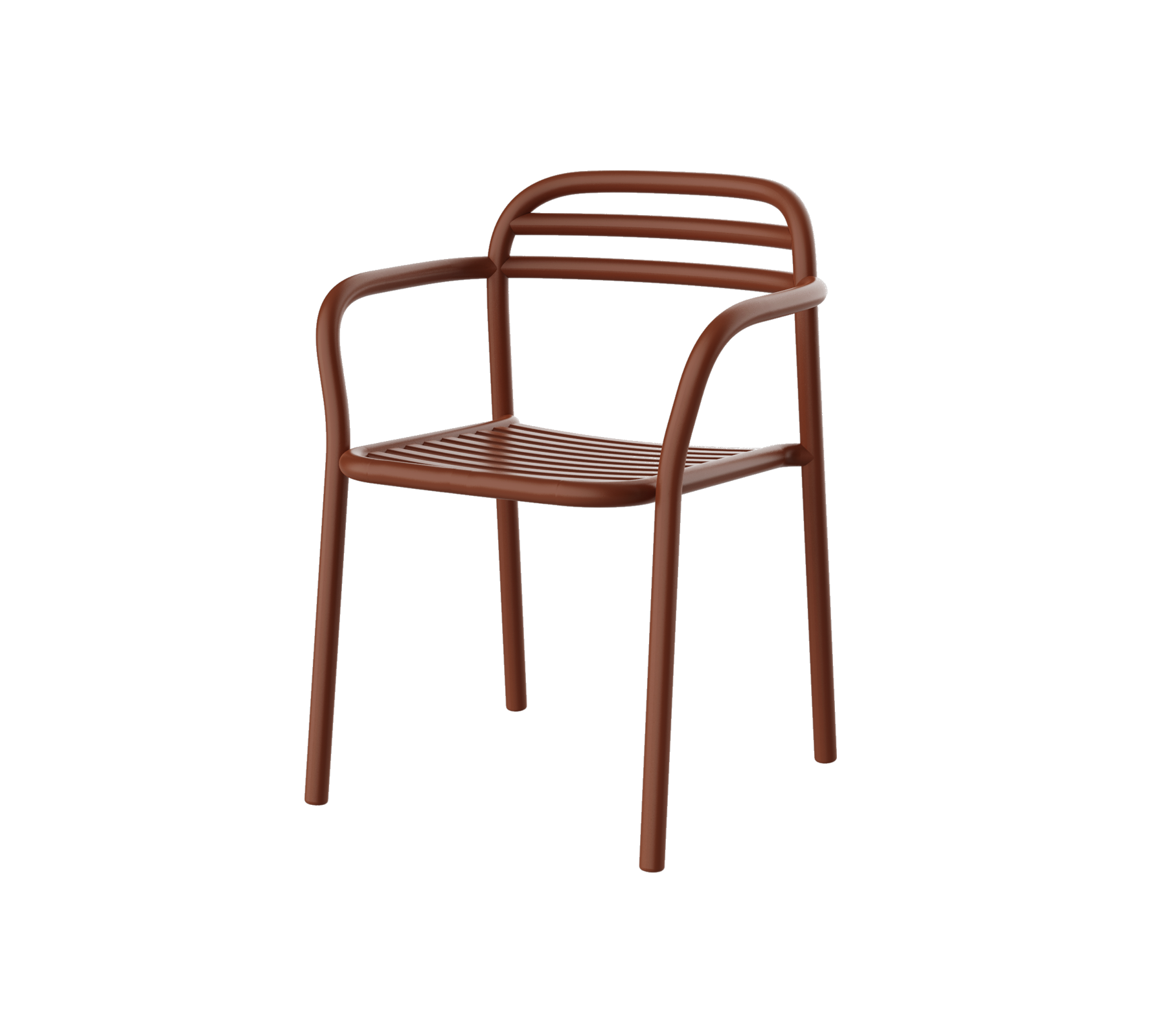 Silla marrón con un diseño moderno que cuenta con brazos curvados y lamas horizontales en el respaldo. Ideal para asientos informales.