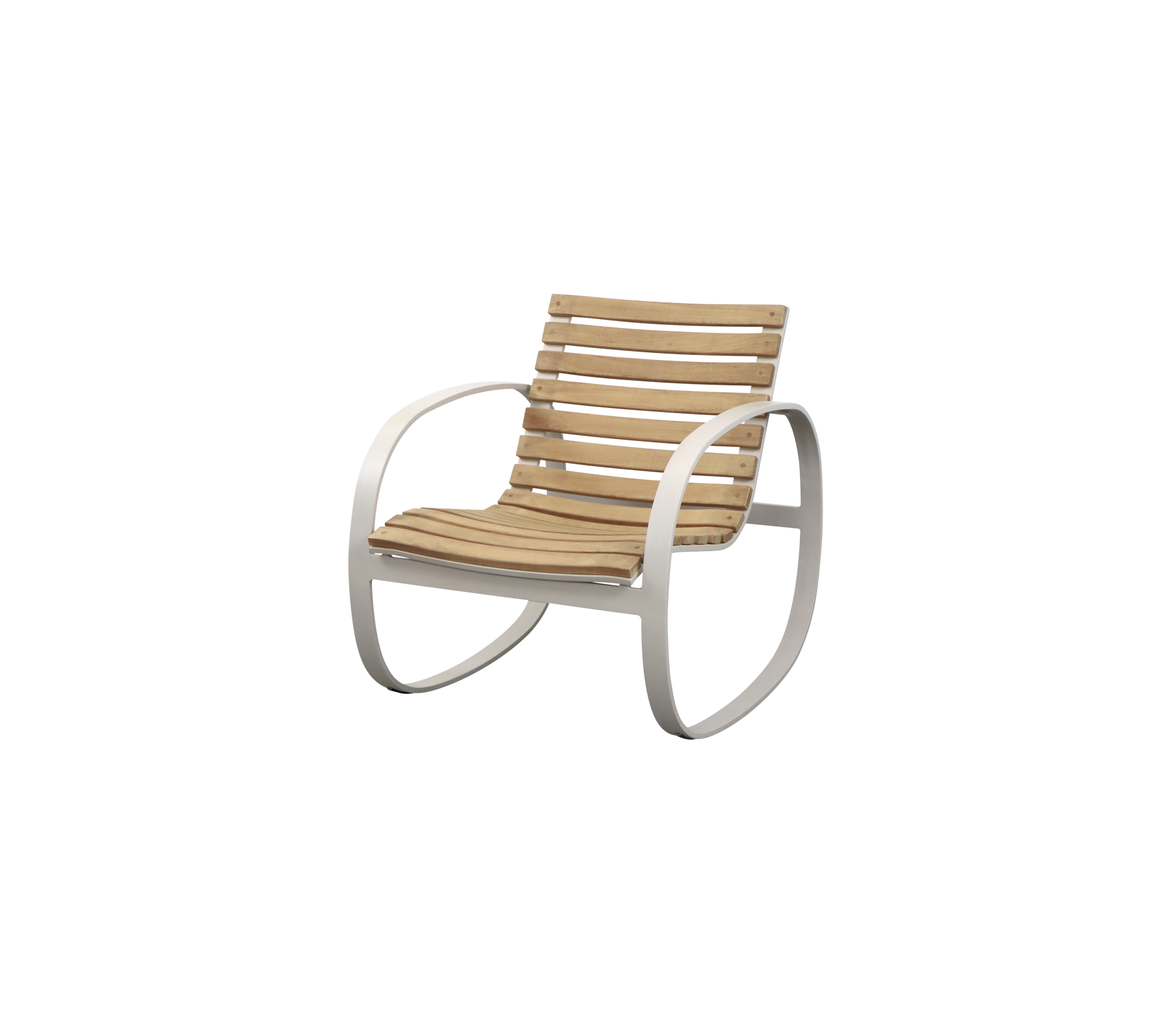 Sillón mecedor elegante con un asiento de madera en lamas y un marco de metal curvado y elegante. Ideal para un asiento relajado y cómodo.