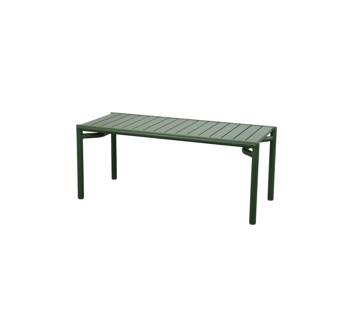 Mesa verde oscura con una parte superior de listones y patas robustas.