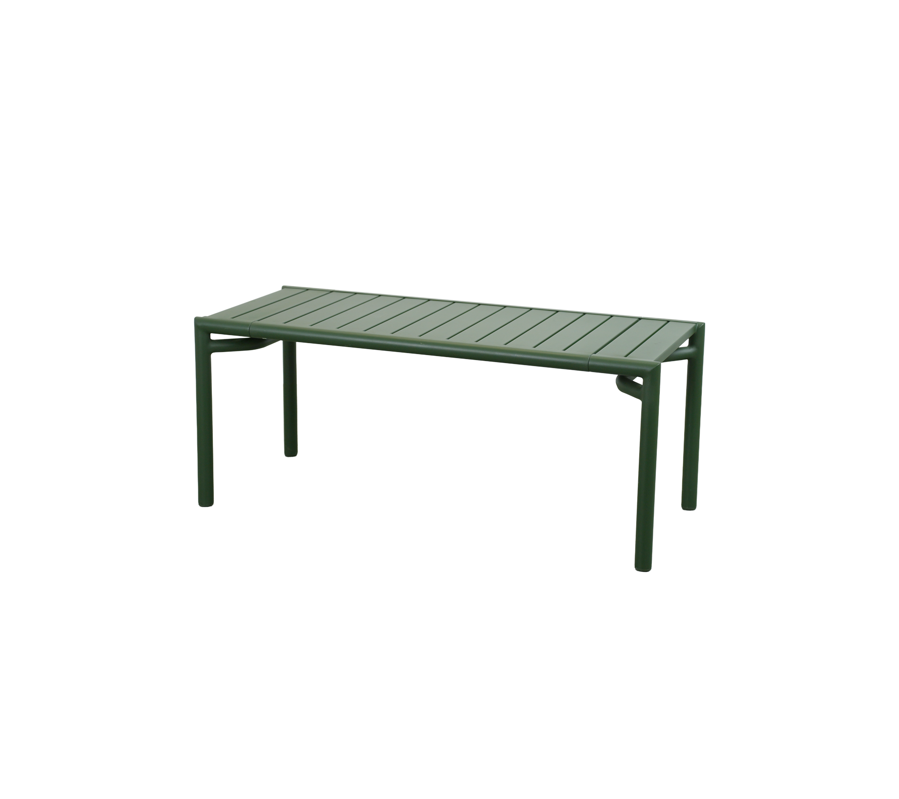 Mesa verde oscura con una parte superior de listones y patas robustas.